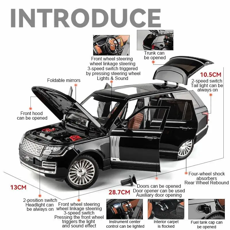 1/18 Scale Range Rover SUV Alloy Car Diecast Toy Vehicles Car Model with Openable Doors & Sound, Light Pull Back car Toys for Kids [Big Size] (Black) view 2
