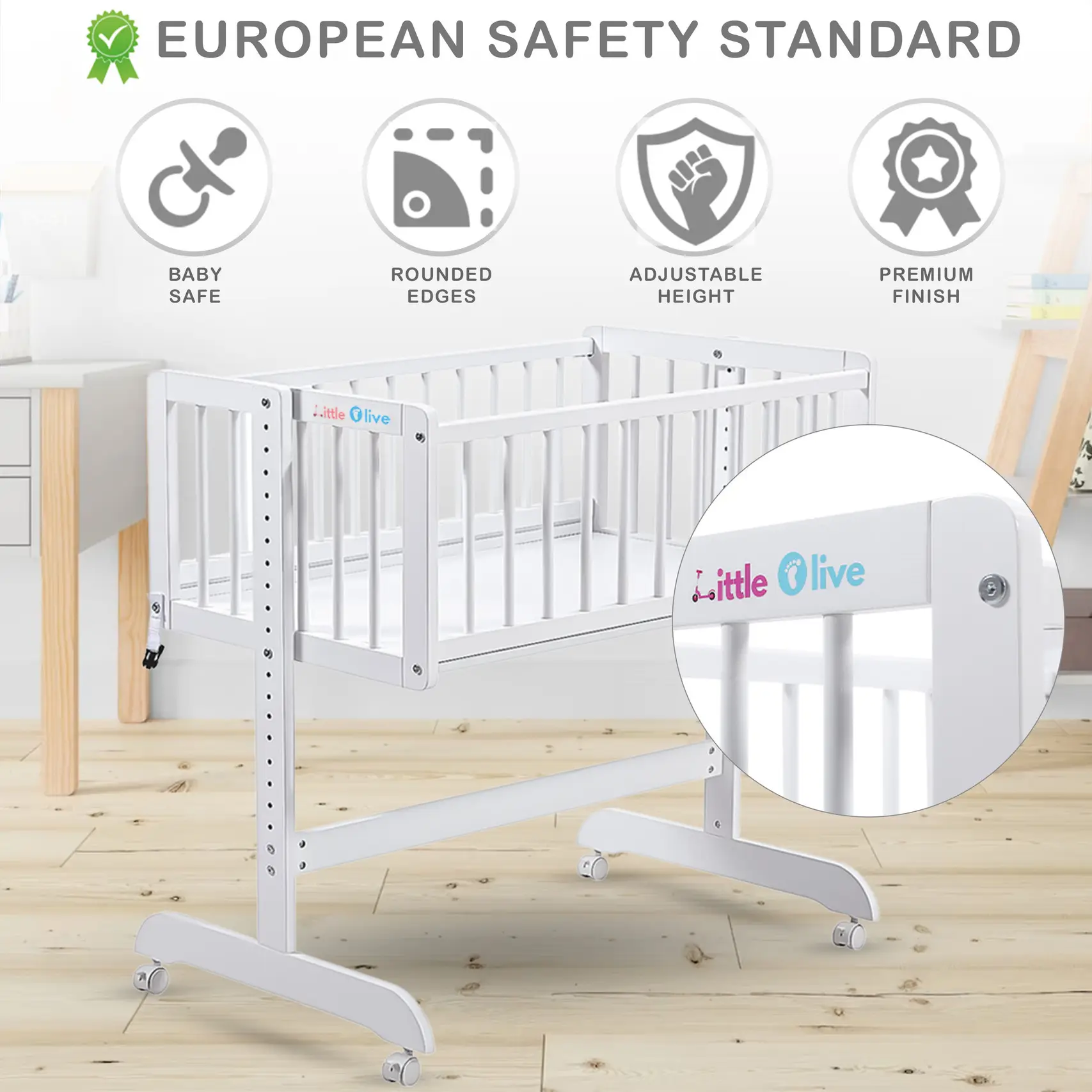 Little Olive Cozy Wooden Cot Cradle For New Born - White view 4