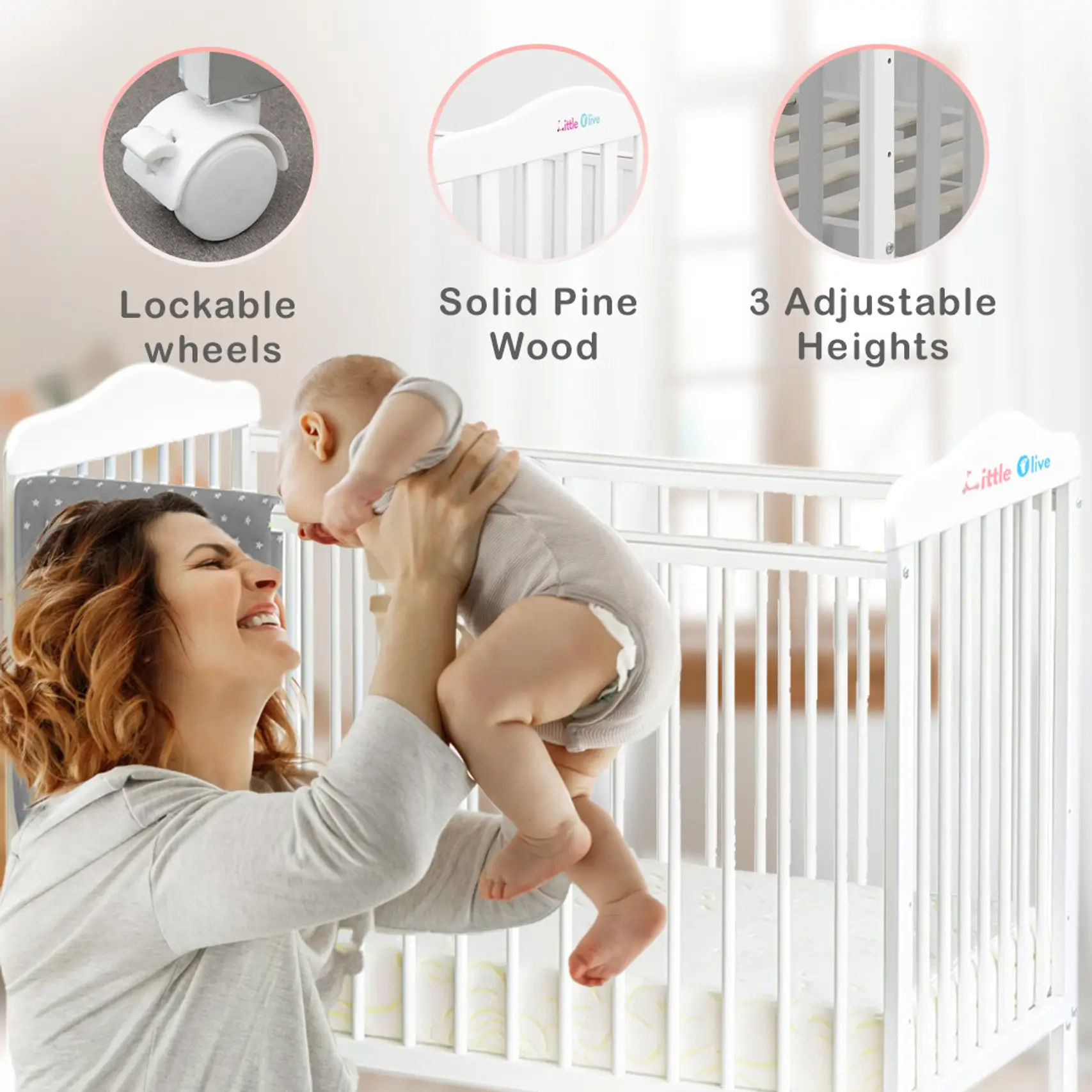 Little Olive Star Wooden Baby Cot For New Born - White Cot (Snow White) view 2