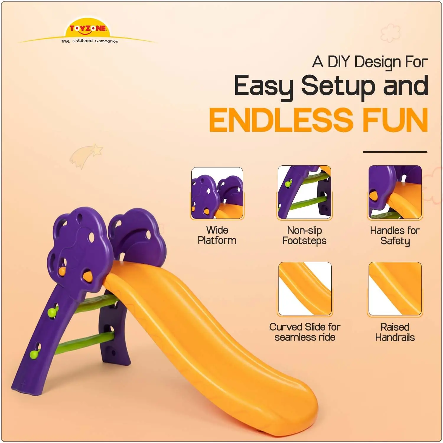 Toyzone Tree Slide - Purple & Orange | Baby Play Slide | Indoor & Outdoor Baby Slider | Easy Assembly | Safe Rounded Design | Kids Slide for 3-5 Years view 4