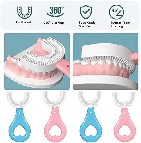 U Shaped Toothbrush for Kids, Food Grade Soft Silicone Brush Head, 360° Oral Teeth Cleaning Tools, Children Infant U Shape Manual Toothbrush (1.5 to 6 Years... pink view 3