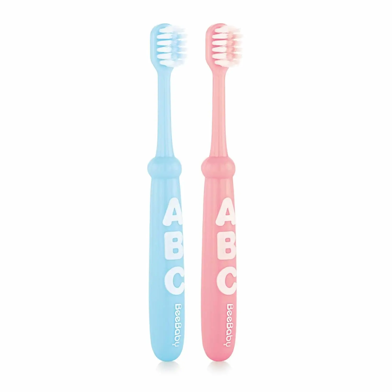 BeeBaby Brush Buddy Toothbrush for Infants 6 Months +. Small Head 10 x Super Soft Tapered Bristles ideal for Milk Teeth, 100% BPA Free. Blue & Pink. Pack of 2