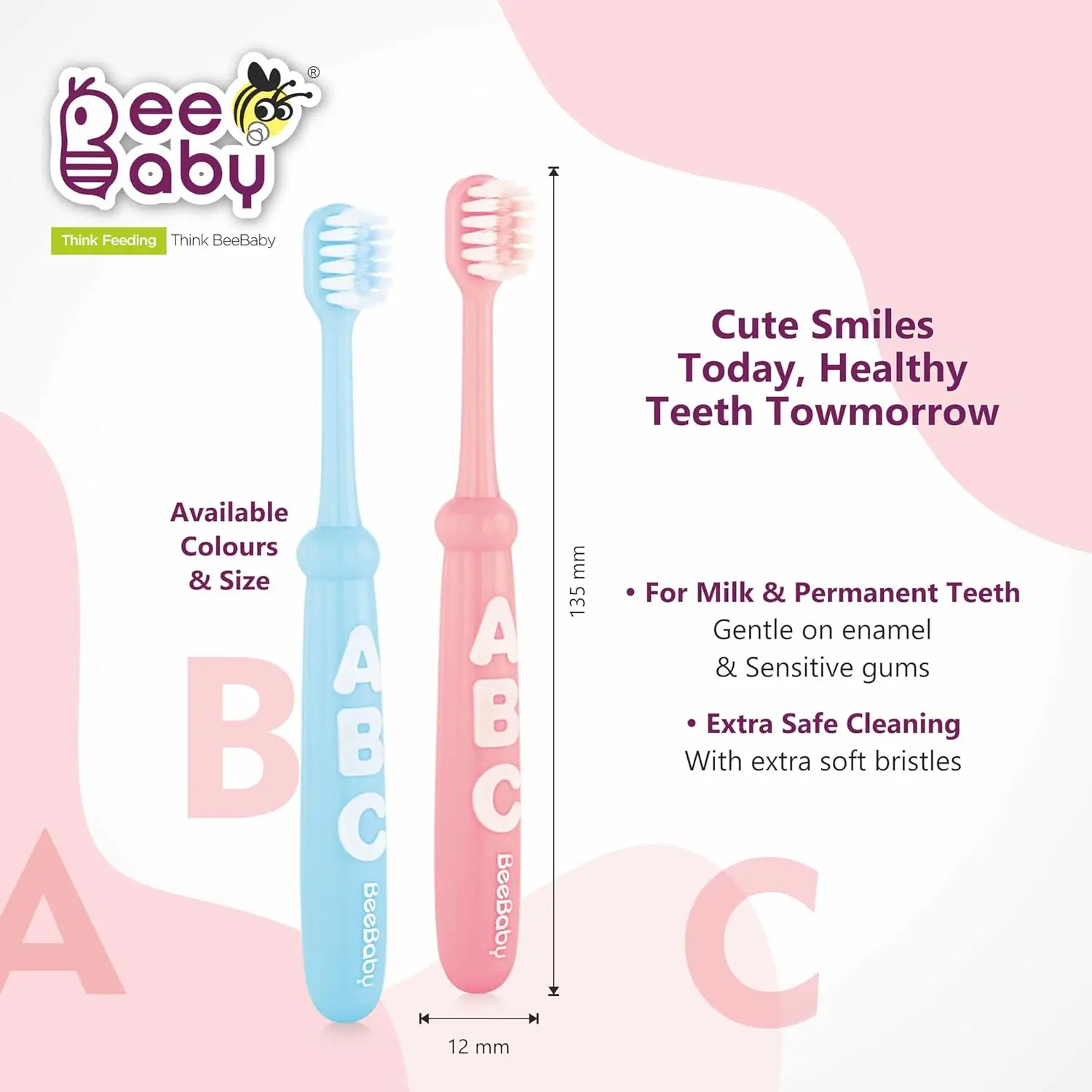 BeeBaby Brush Buddy Toothbrush for Infants 6 Months +. Small Head 10 x Super Soft Tapered Bristles ideal for Milk Teeth, 100% BPA Free. Blue & Pink. Pack of 2 view 2