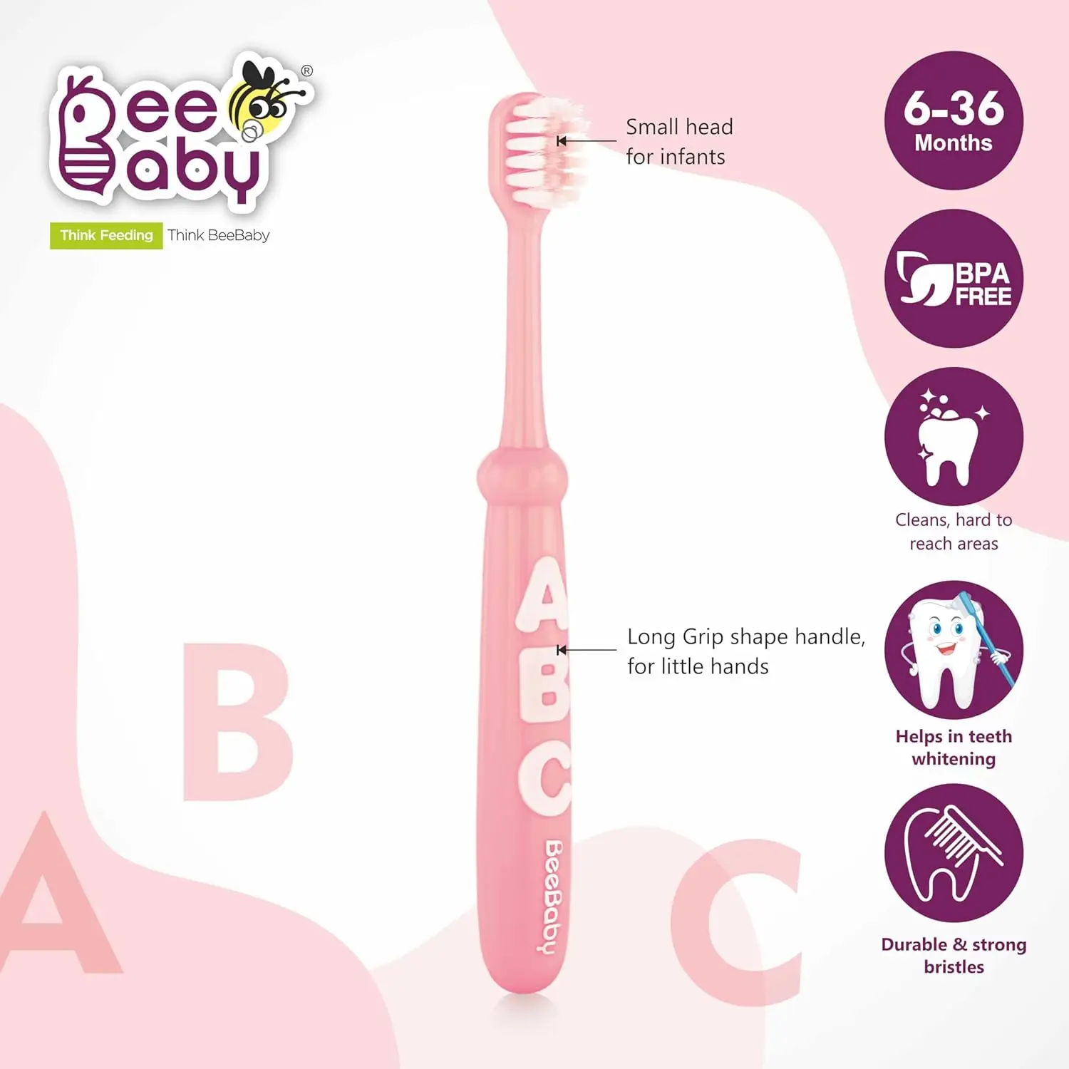 BeeBaby Brush Buddy Toothbrush for Infants 6 Months +. Small Head 10 x Super Soft Tapered Bristles ideal for Milk Teeth, 100% BPA Free. Blue & Pink. Pack of 2 view 3