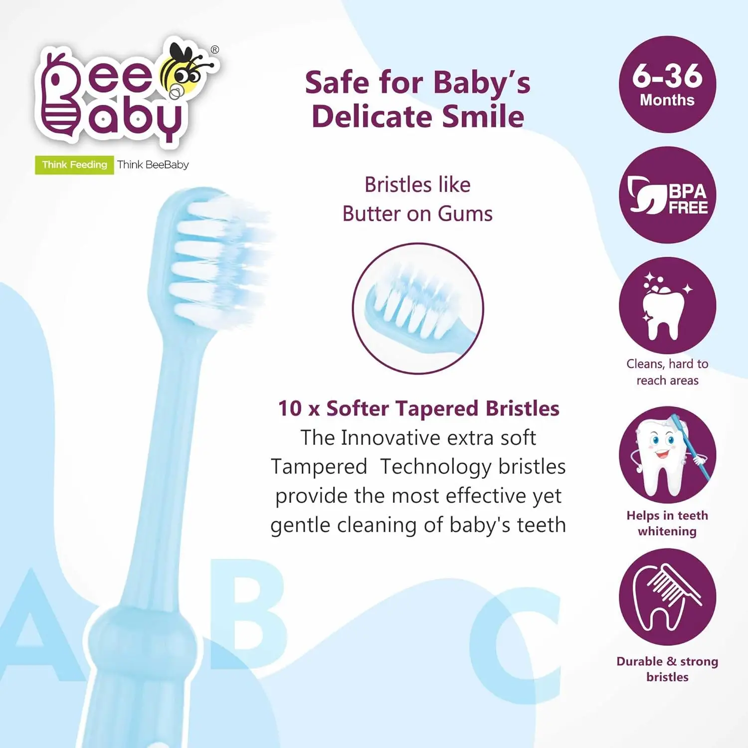 BeeBaby Brush Buddy Toothbrush for Infants 6 Months +. Small Head 10 x Super Soft Tapered Bristles ideal for Milk Teeth, 100% BPA Free. Blue & Pink. Pack of 2 view 4