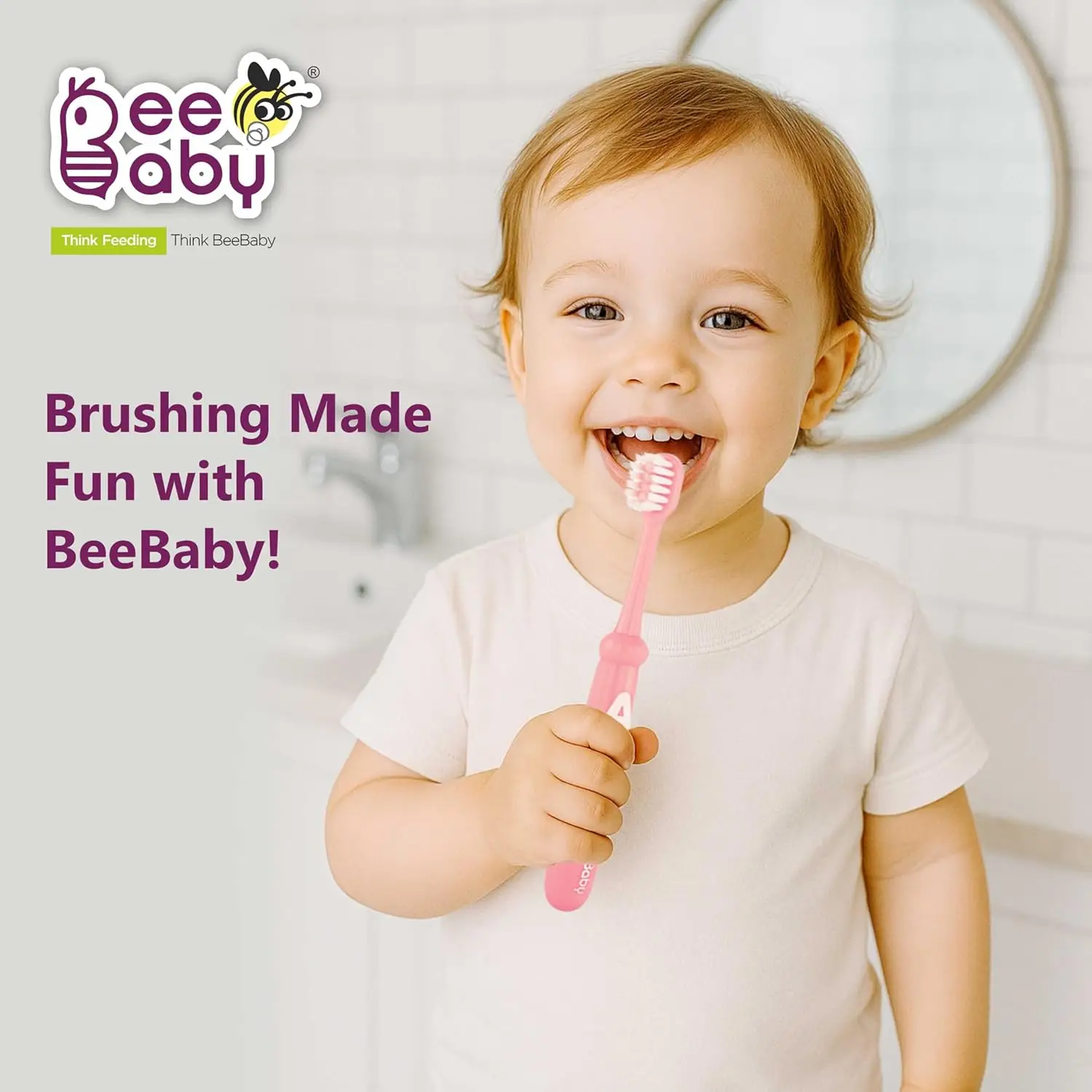 BeeBaby Brush Buddy Toothbrush for Infants 6 Months +. Small Head 10 x Super Soft Tapered Bristles ideal for Milk Teeth, 100% BPA Free. Blue & Pink. Pack of 2 view 5
