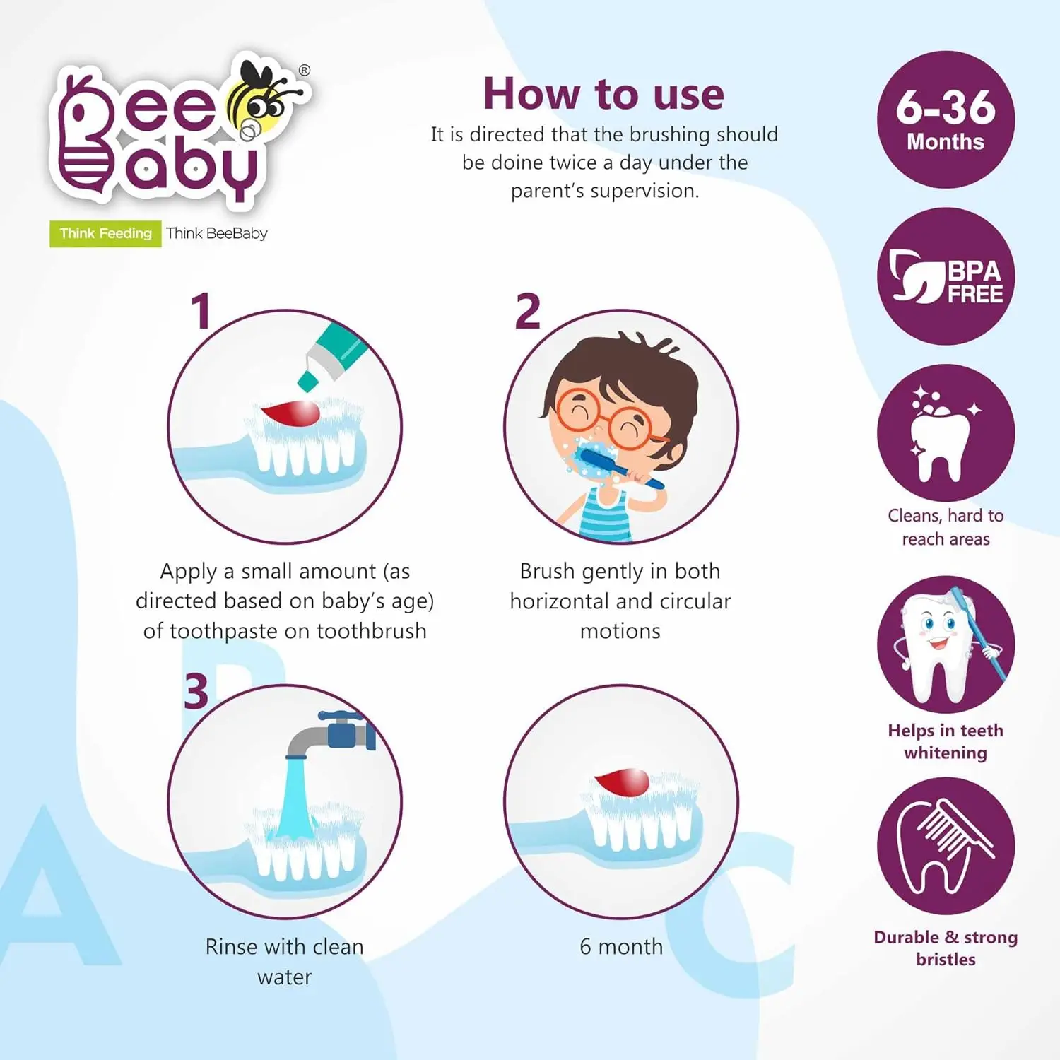 BeeBaby Brush Buddy Toothbrush for Infants 6 Months +. Small Head 10 x Super Soft Tapered Bristles ideal for Milk Teeth, 100% BPA Free. Blue & Pink. Pack of 2 view 6