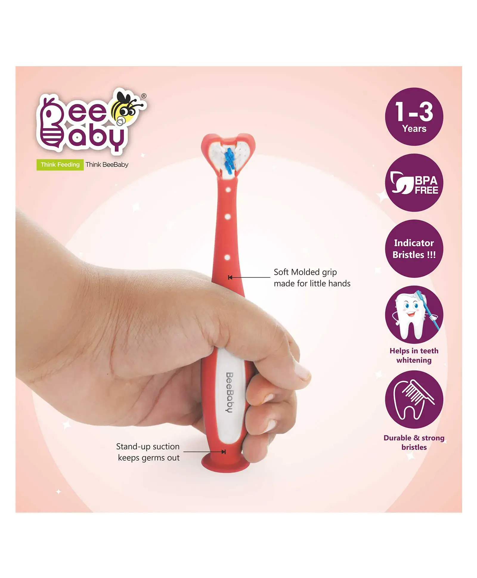 Beebaby BeeBaby Triple Angle Brush Buddy Toothbrush for Kids 1-3 Years. Suction Cup, 3 Side Super Soft Time to Change Indicator Bristles Ideal for Milk & Permanent Teeth. 100% BPA Free. Pink view 2