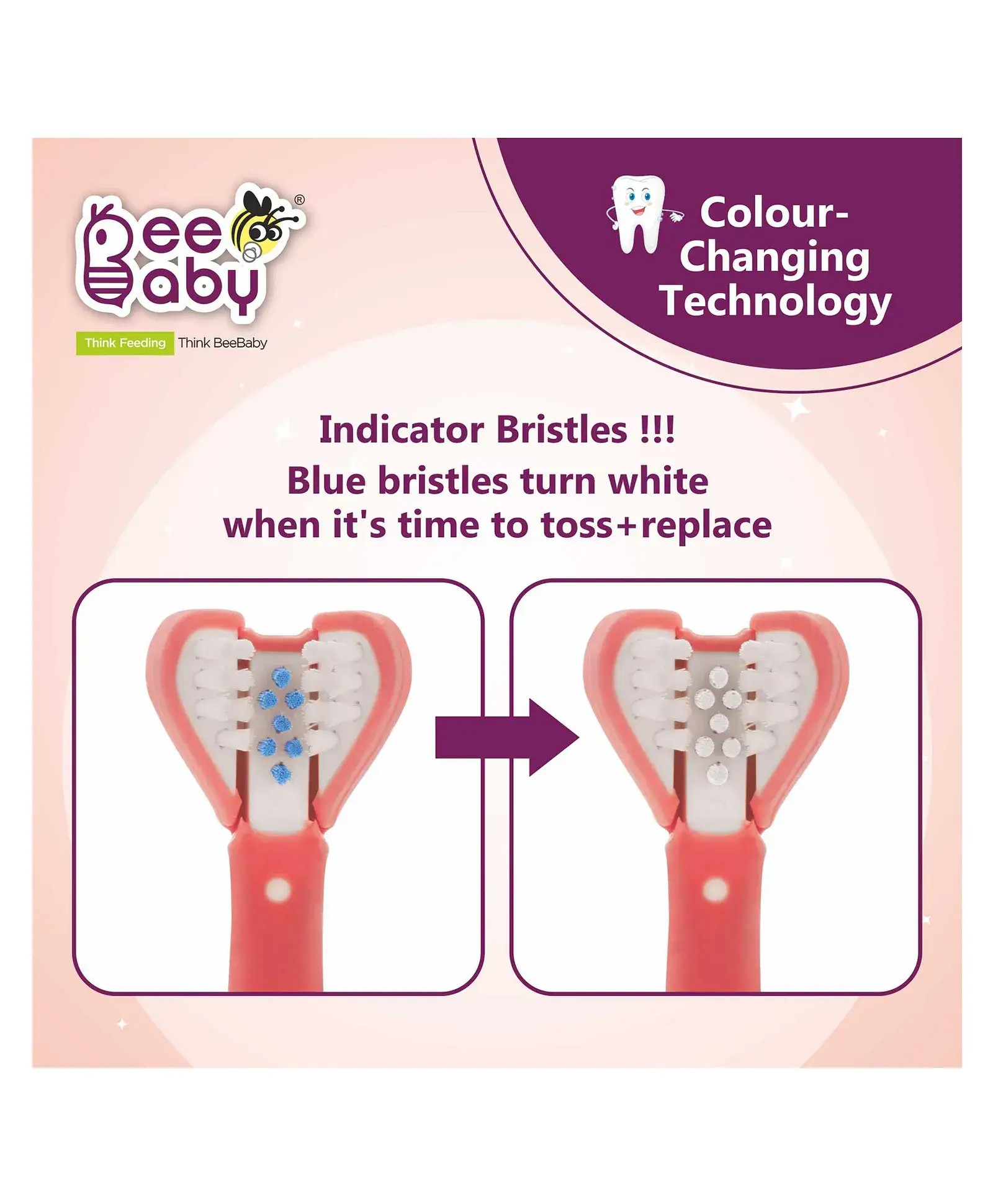 Beebaby BeeBaby Triple Angle Brush Buddy Toothbrush for Kids 1-3 Years. Suction Cup, 3 Side Super Soft Time to Change Indicator Bristles Ideal for Milk & Permanent Teeth. 100% BPA Free. Pink view 3