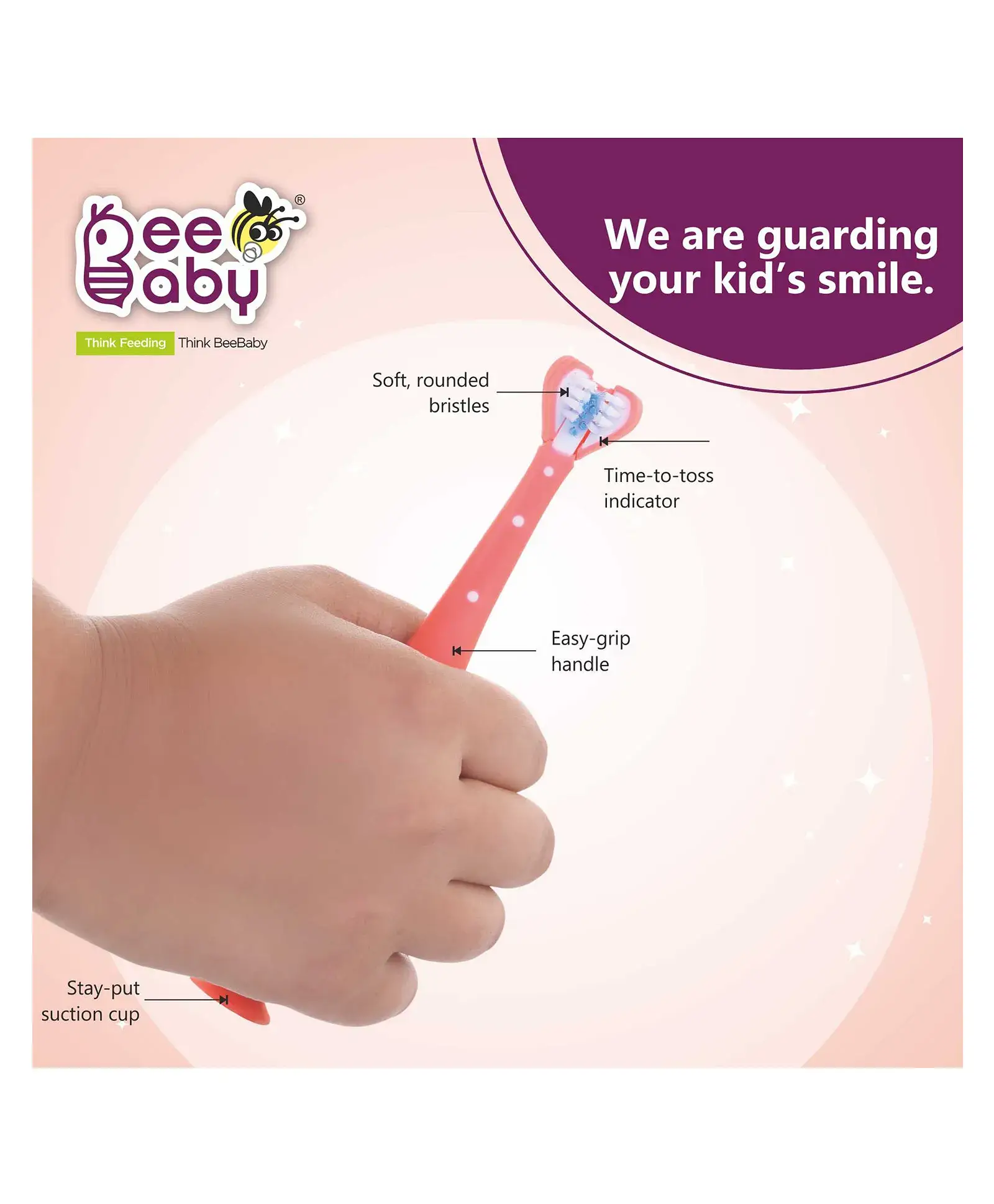 Beebaby BeeBaby Triple Angle Brush Buddy Toothbrush for Kids 1-3 Years. Suction Cup, 3 Side Super Soft Time to Change Indicator Bristles Ideal for Milk & Permanent Teeth. 100% BPA Free. Pink view 4