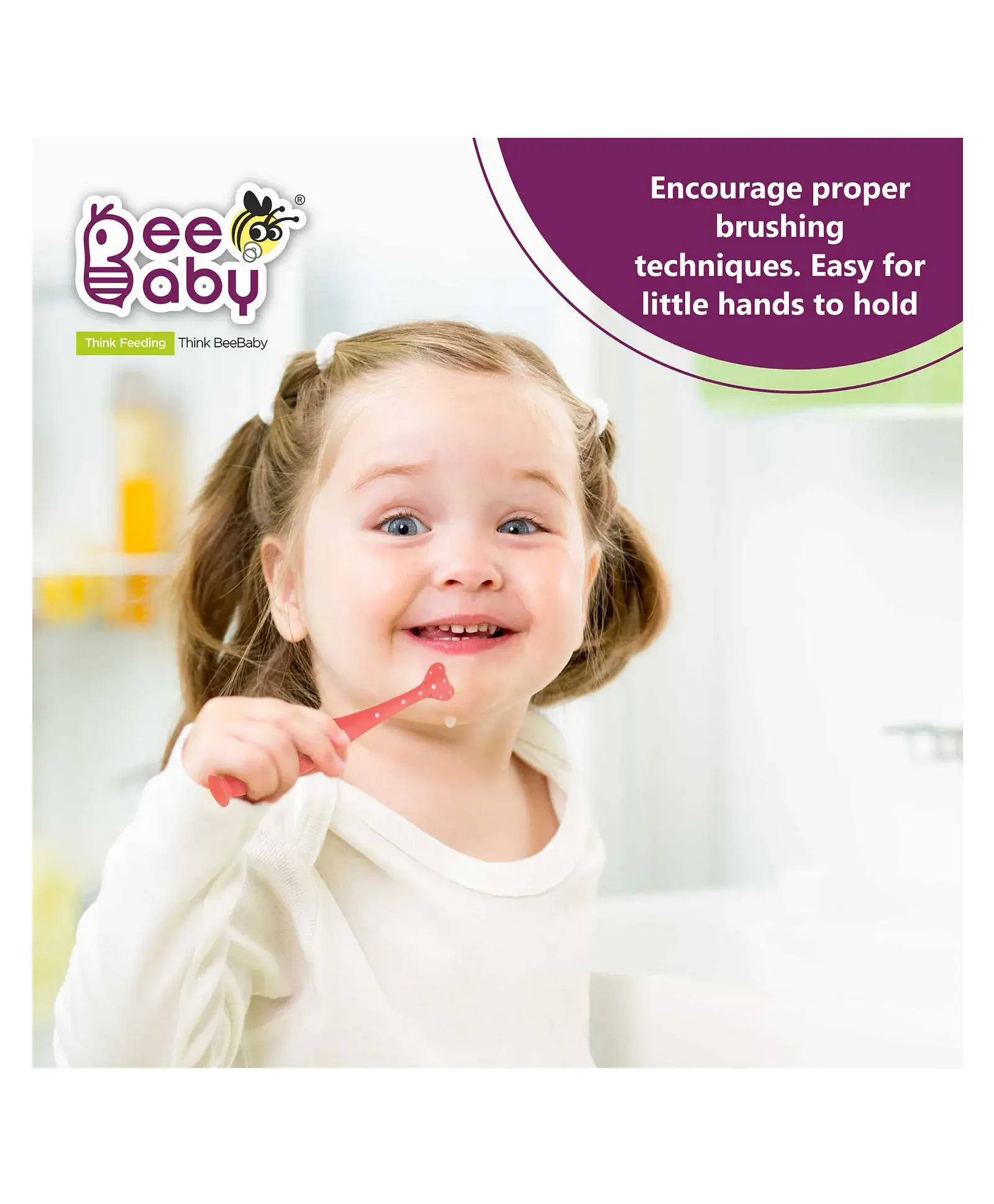Beebaby BeeBaby Triple Angle Brush Buddy Toothbrush for Kids 1-3 Years. Suction Cup, 3 Side Super Soft Time to Change Indicator Bristles Ideal for Milk & Permanent Teeth. 100% BPA Free. Pink view 5