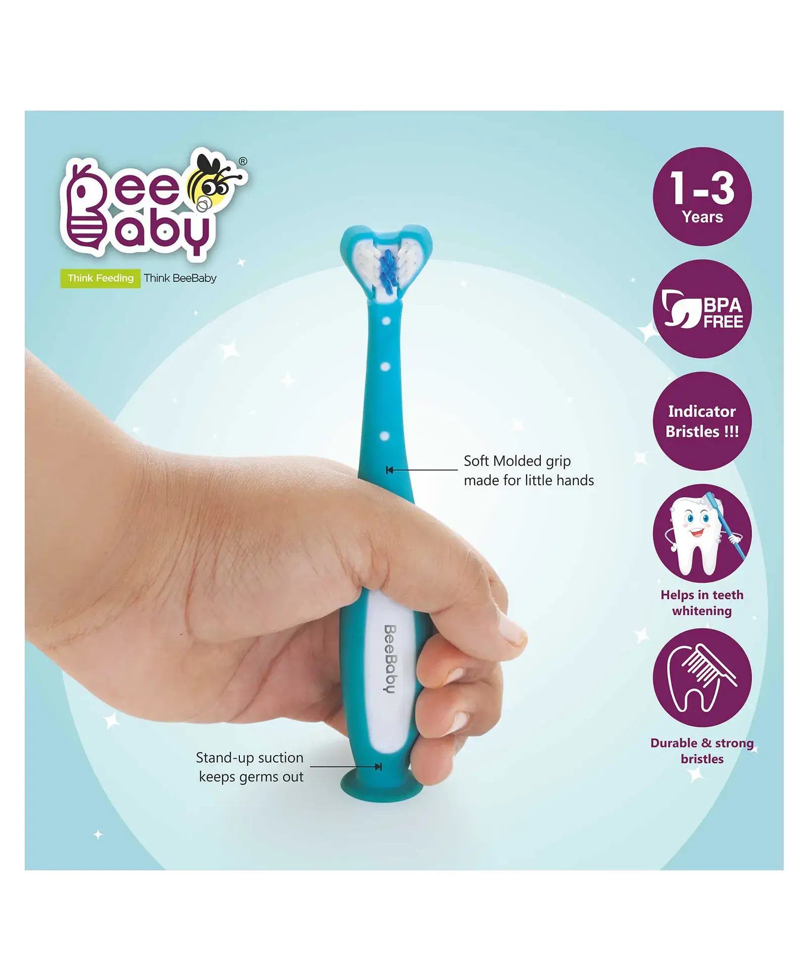 Beebaby BeeBaby Triple Angle Brush Buddy Toothbrush for Kids 1-3 Years. Suction Cup, 3 Side Super Soft Time to Change Indicator Bristles Ideal for Milk & Permanent Teeth. 100% BPA Free. blue view 2