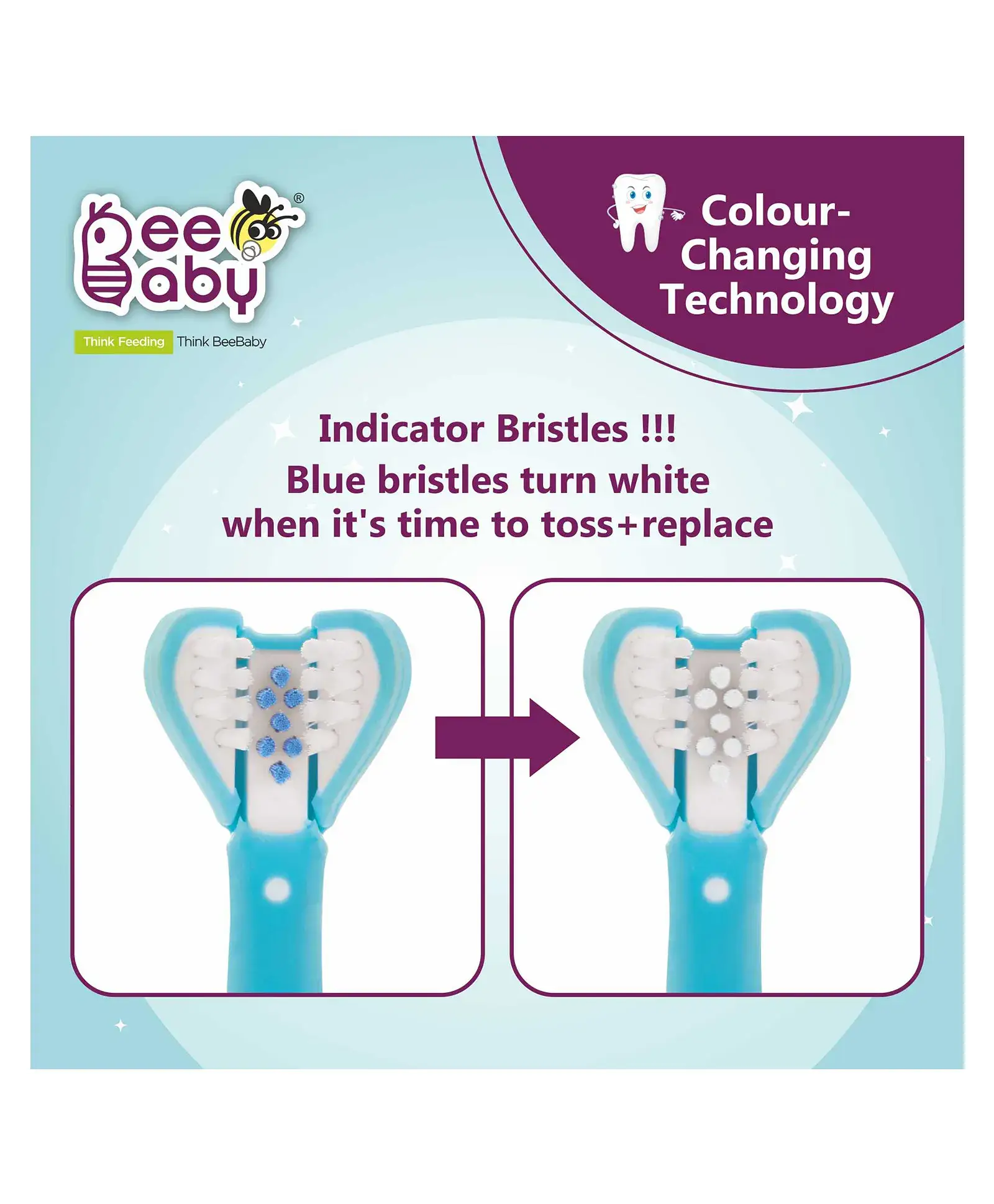 Beebaby BeeBaby Triple Angle Brush Buddy Toothbrush for Kids 1-3 Years. Suction Cup, 3 Side Super Soft Time to Change Indicator Bristles Ideal for Milk & Permanent Teeth. 100% BPA Free. blue view 3