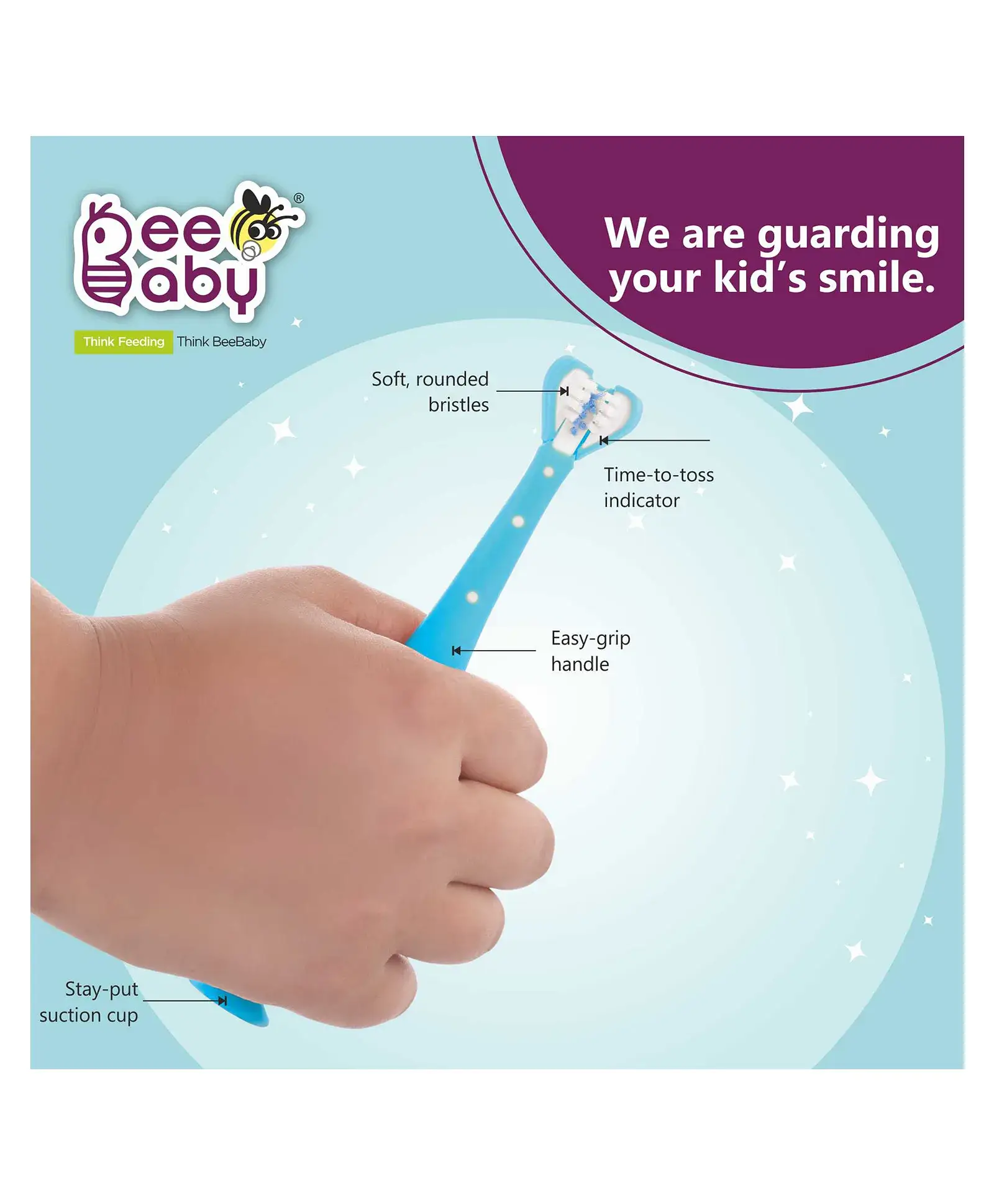 Beebaby BeeBaby Triple Angle Brush Buddy Toothbrush for Kids 1-3 Years. Suction Cup, 3 Side Super Soft Time to Change Indicator Bristles Ideal for Milk & Permanent Teeth. 100% BPA Free. blue view 4