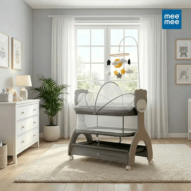 Mee Mee Sweet Love Automatic Electric Cradle for Baby | Remote Controlled 3 Gear Swing | Lightweight Baby Cot with Mosquito Net & Cot Mobile | Designed for 0-1.5 Years Kids | Carry Upto 15kgs (Grey) view 2