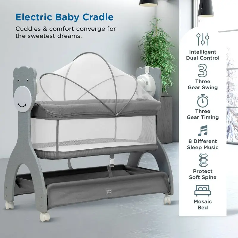 Mee Mee Sweet Love Automatic Electric Cradle for Baby | Remote Controlled 3 Gear Swing | Lightweight Baby Cot with Mosquito Net & Cot Mobile | Designed for 0-1.5 Years Kids | Carry Upto 15kgs (Grey) view 3