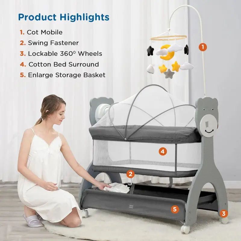 Mee Mee Sweet Love Automatic Electric Cradle for Baby | Remote Controlled 3 Gear Swing | Lightweight Baby Cot with Mosquito Net & Cot Mobile | Designed for 0-1.5 Years Kids | Carry Upto 15kgs (Grey) view 8