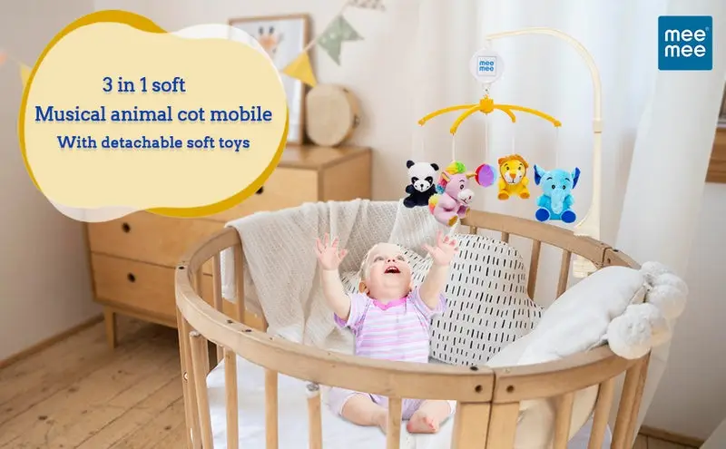Mee Mee 3-in-1 Soft Musical Animal Cot Mobile | Music, Rotating Mobile & Detachable Rattles with Universal Cot/Crib Attachment view 9