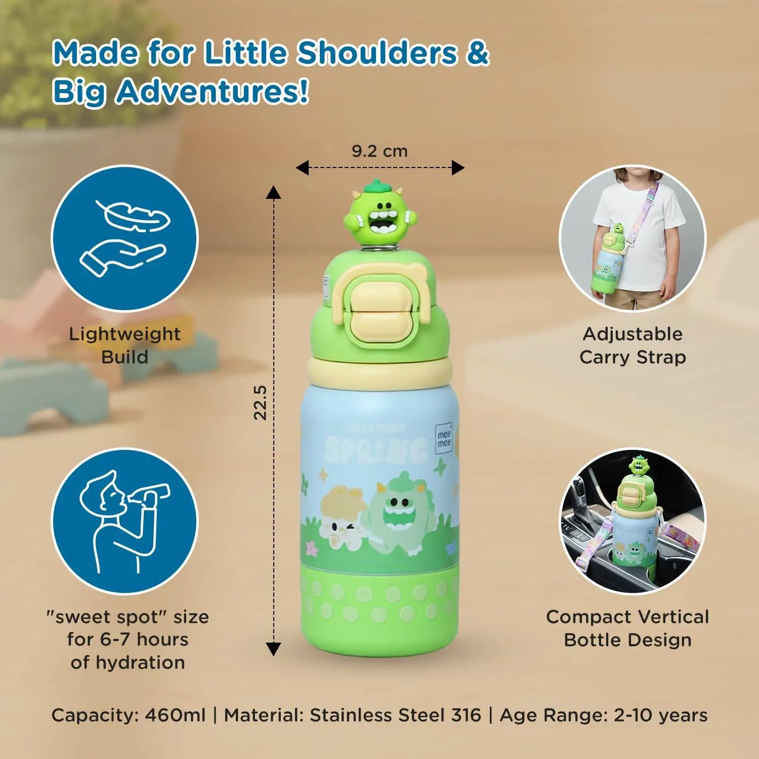 Mee Mee Oasis Sip Kids Insulated Water Bottle 460ml | SUS316 Stainless Steel | 3-in-1 Straw, Spout & Sip Lid | Leakproof School Bottle for Kids | 12H Cold & 8H Hot | BPA-Free Sipper with Strap view 2