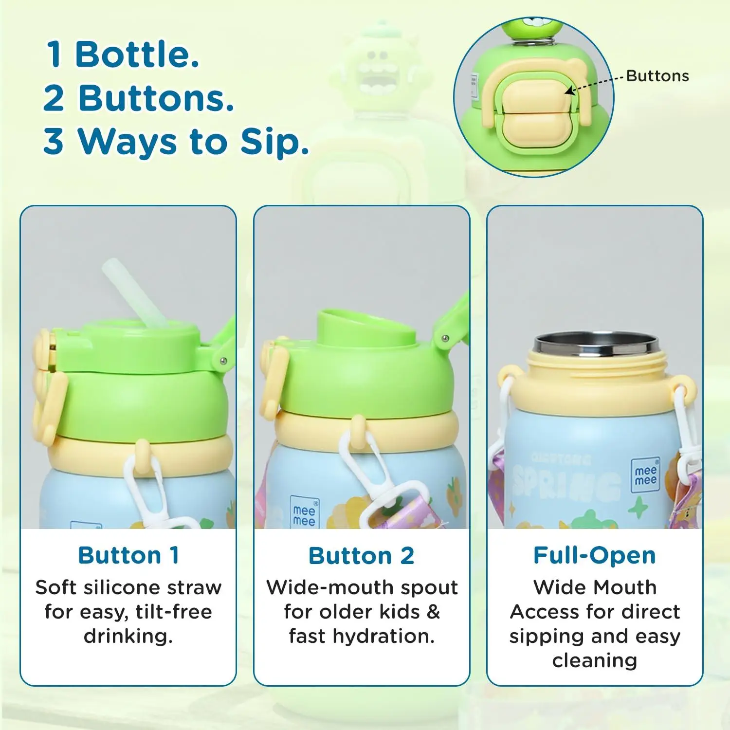 Mee Mee Oasis Sip Kids Insulated Water Bottle 460ml | SUS316 Stainless Steel | 3-in-1 Straw, Spout & Sip Lid | Leakproof School Bottle for Kids | 12H Cold & 8H Hot | BPA-Free Sipper with Strap view 4