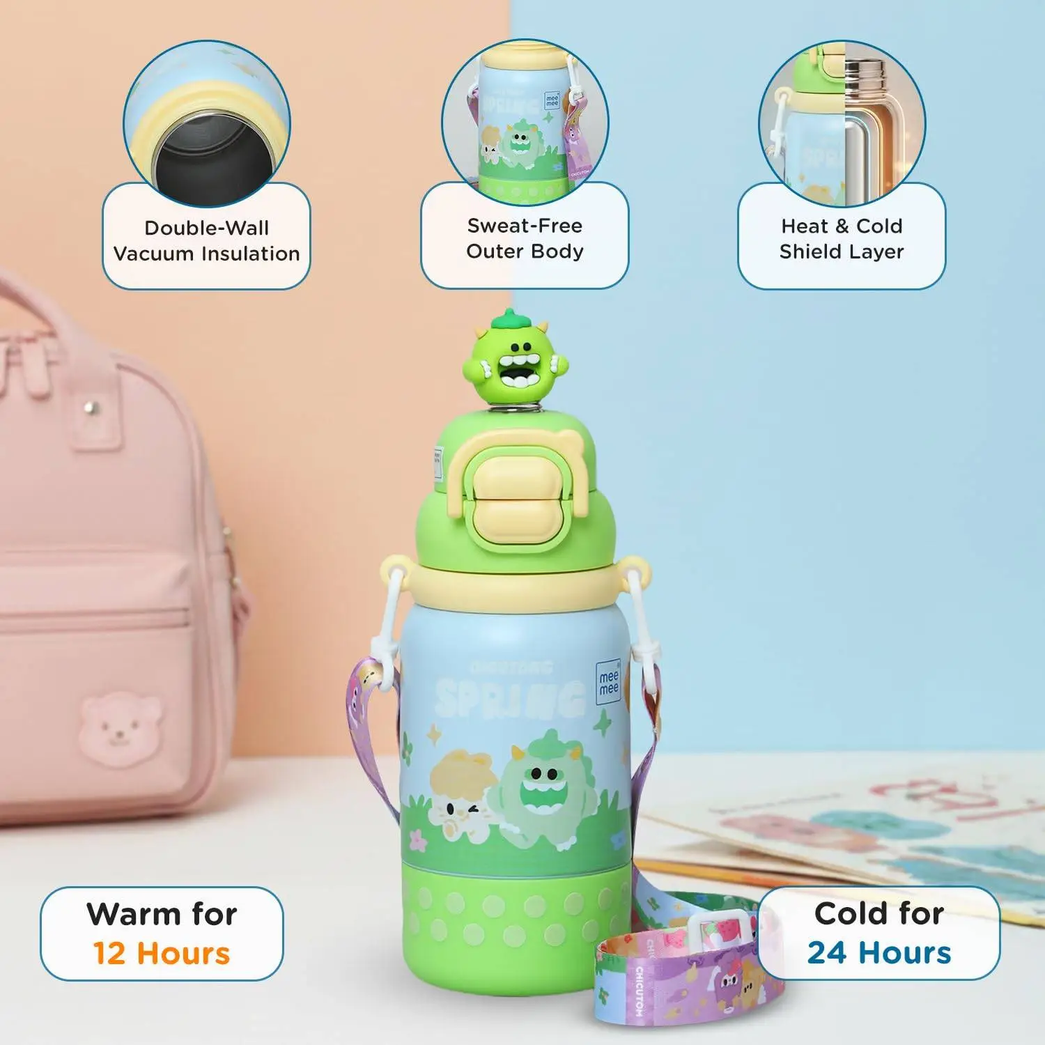 Mee Mee Oasis Sip Kids Insulated Water Bottle 460ml | SUS316 Stainless Steel | 3-in-1 Straw, Spout & Sip Lid | Leakproof School Bottle for Kids | 12H Cold & 8H Hot | BPA-Free Sipper with Strap view 5