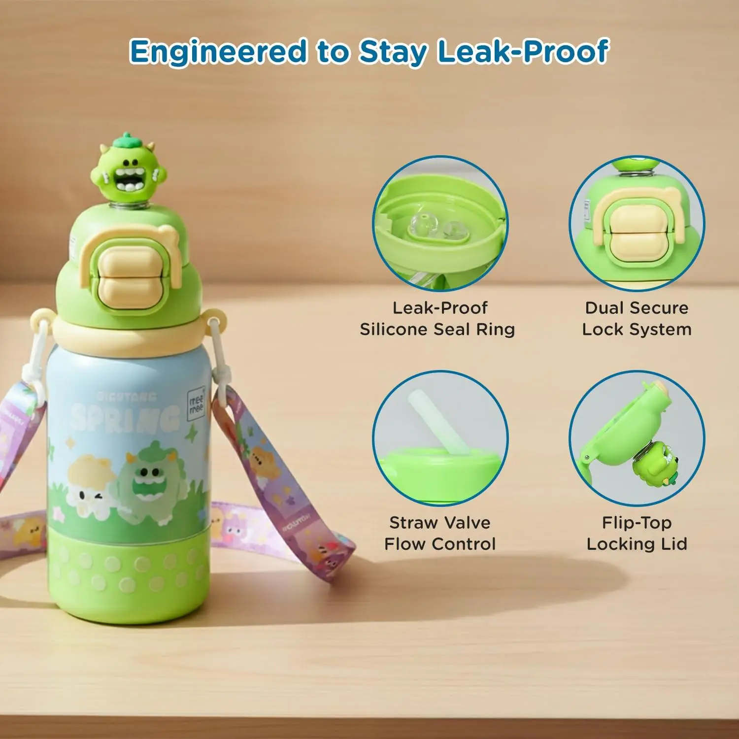 Mee Mee Oasis Sip Kids Insulated Water Bottle 460ml | SUS316 Stainless Steel | 3-in-1 Straw, Spout & Sip Lid | Leakproof School Bottle for Kids | 12H Cold & 8H Hot | BPA-Free Sipper with Strap view 6