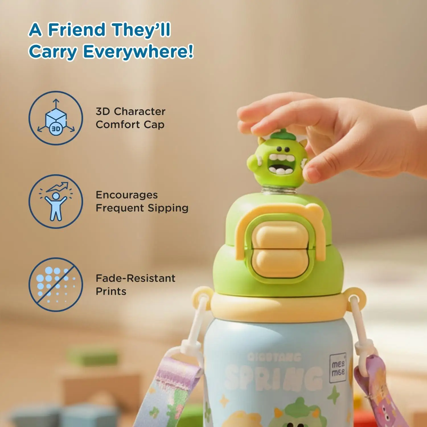 Mee Mee Oasis Sip Kids Insulated Water Bottle 460ml | SUS316 Stainless Steel | 3-in-1 Straw, Spout & Sip Lid | Leakproof School Bottle for Kids | 12H Cold & 8H Hot | BPA-Free Sipper with Strap view 7