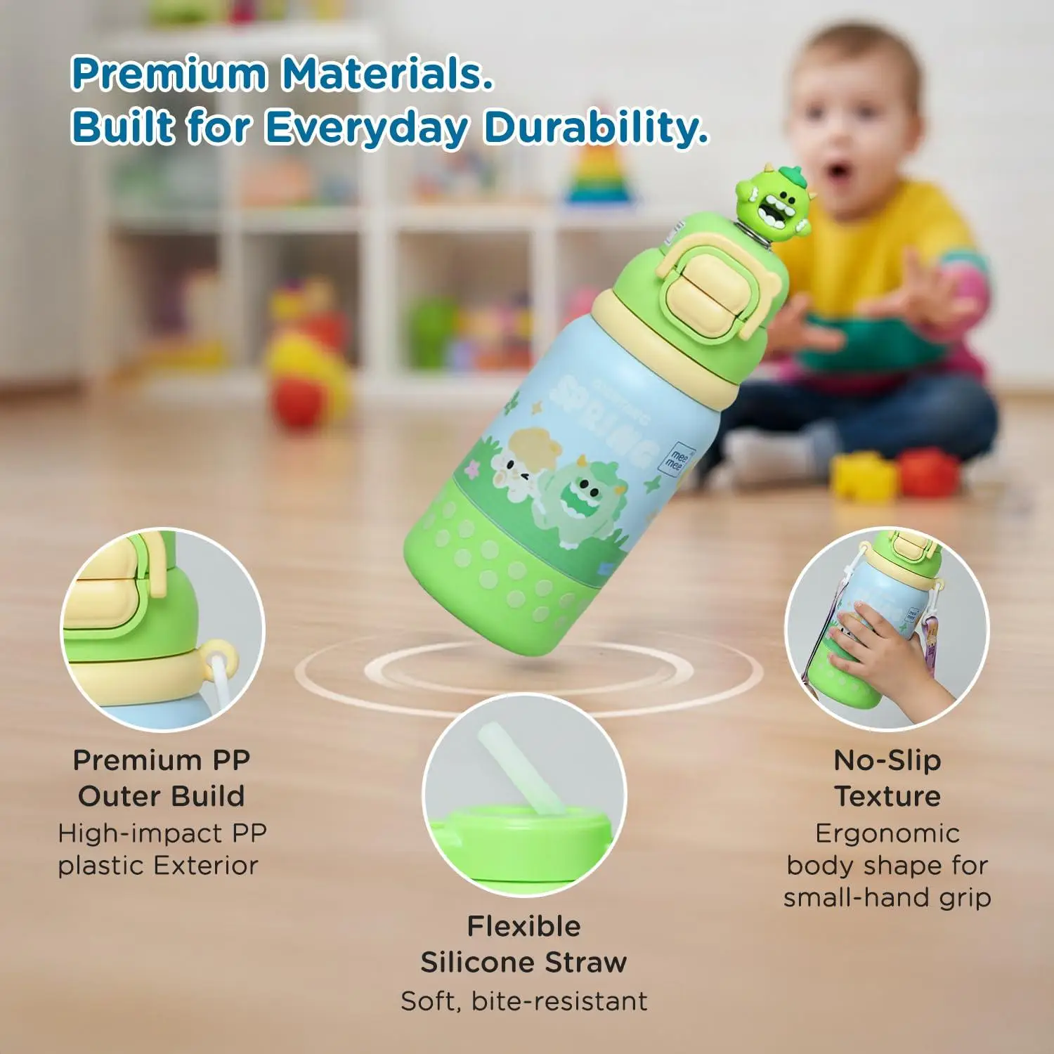 Mee Mee Oasis Sip Kids Insulated Water Bottle 460ml | SUS316 Stainless Steel | 3-in-1 Straw, Spout & Sip Lid | Leakproof School Bottle for Kids | 12H Cold & 8H Hot | BPA-Free Sipper with Strap view 8