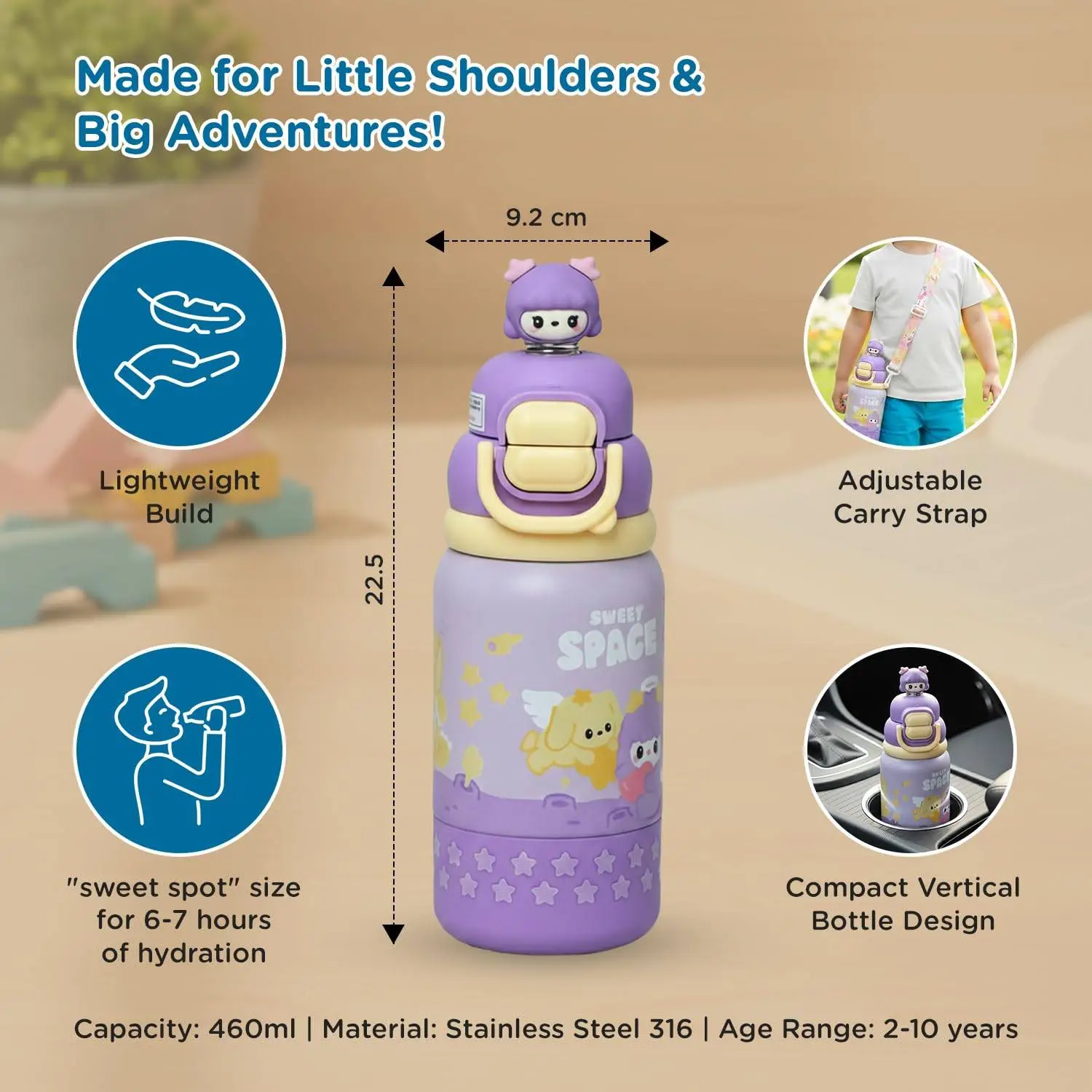 Mee Mee Oasis Sip Kids Insulated Water Bottle 460ml | SUS316 Stainless Steel | 3-in-1 Straw, Spout & Sip Lid | Leakproof School Bottle for Kids | 12H Cold & 8H Hot | BPA-Free view 2