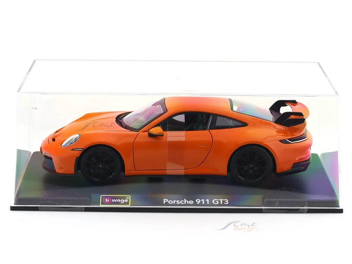 Porsche 911 GT3 Orange with Acrylic Case 1:24 Bburago Licensed Diecast Model car view 6