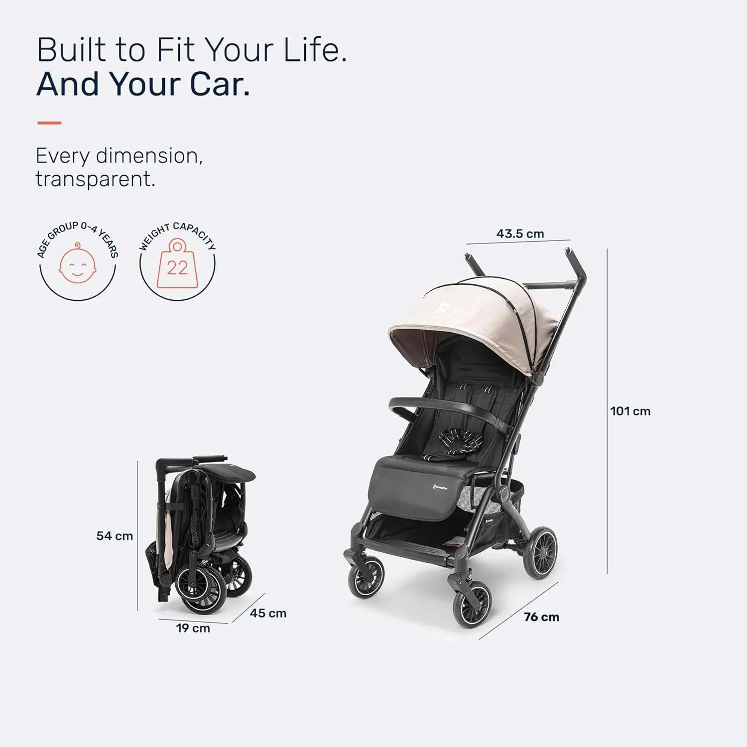 Growgether GOLITE Travel Stroller | Cabin Compatible Lightweight Stroller for Baby & Toddler | 5 Point Safety Harness | Full Recline | 360° Swivel Shock Absorber Wheels | Compact Fold | Mosquito Net Included | 0-4 Years (Up to 22 kg) | 1 Year WARRANTY | Beige view 2