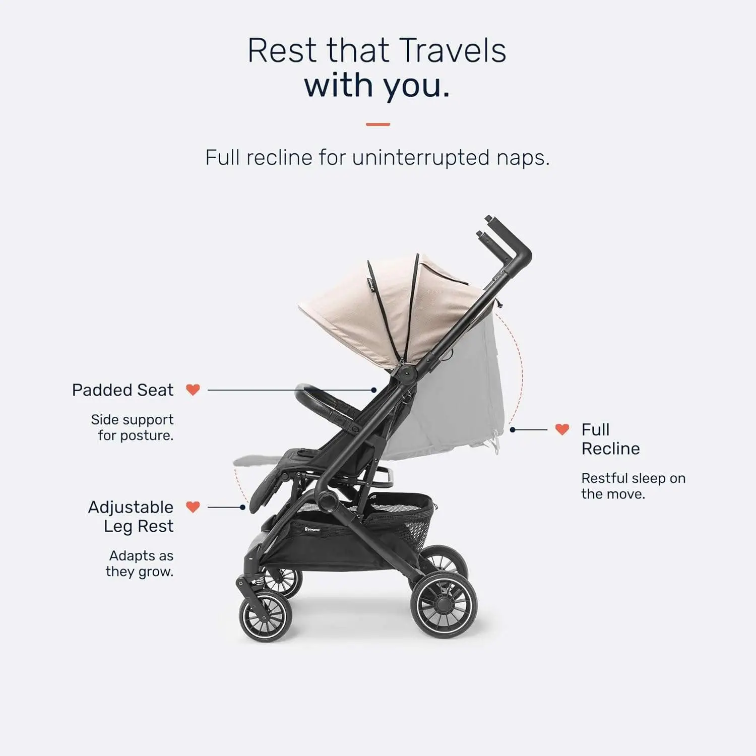 Growgether GOLITE Travel Stroller | Cabin Compatible Lightweight Stroller for Baby & Toddler | 5 Point Safety Harness | Full Recline | 360° Swivel Shock Absorber Wheels | Compact Fold | Mosquito Net Included | 0-4 Years (Up to 22 kg) | 1 Year WARRANTY | Beige view 4
