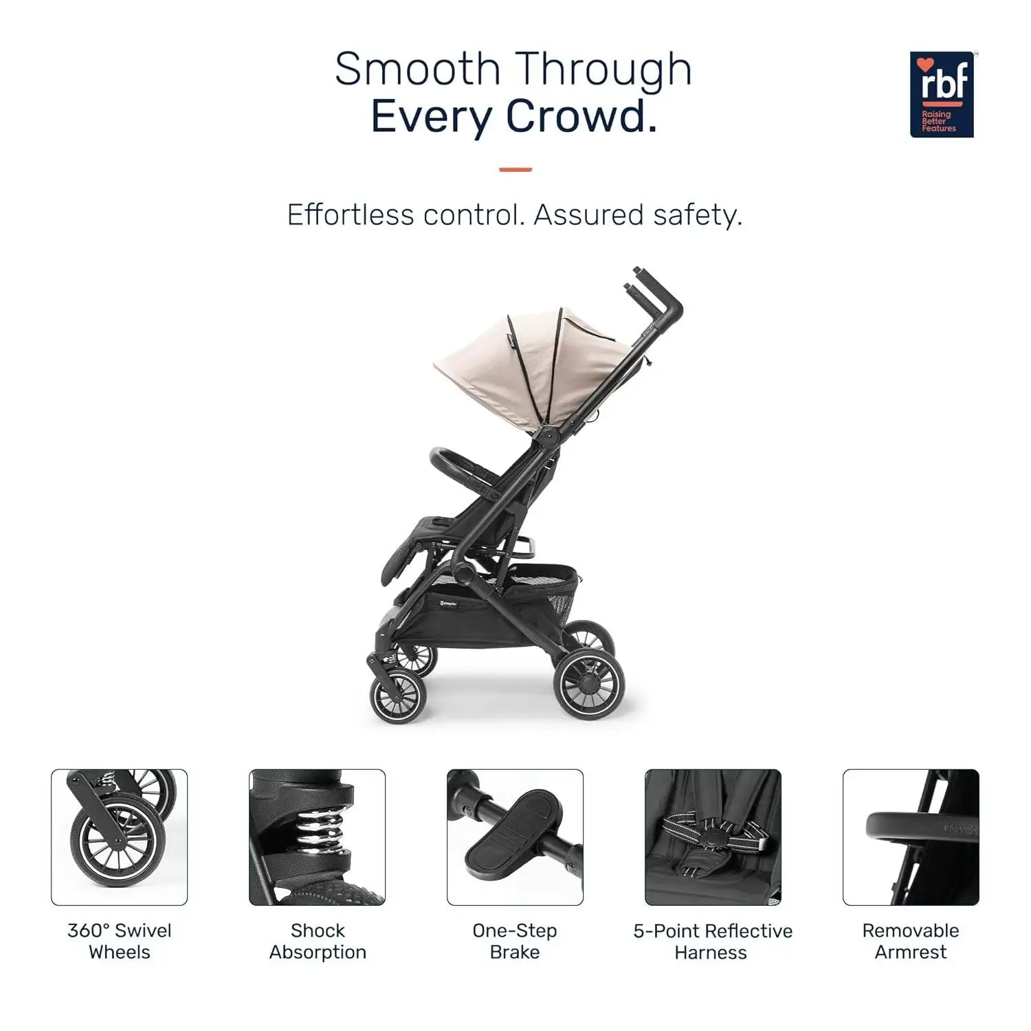 Growgether GOLITE Travel Stroller | Cabin Compatible Lightweight Stroller for Baby & Toddler | 5 Point Safety Harness | Full Recline | 360° Swivel Shock Absorber Wheels | Compact Fold | Mosquito Net Included | 0-4 Years (Up to 22 kg) | 1 Year WARRANTY | Beige view 5