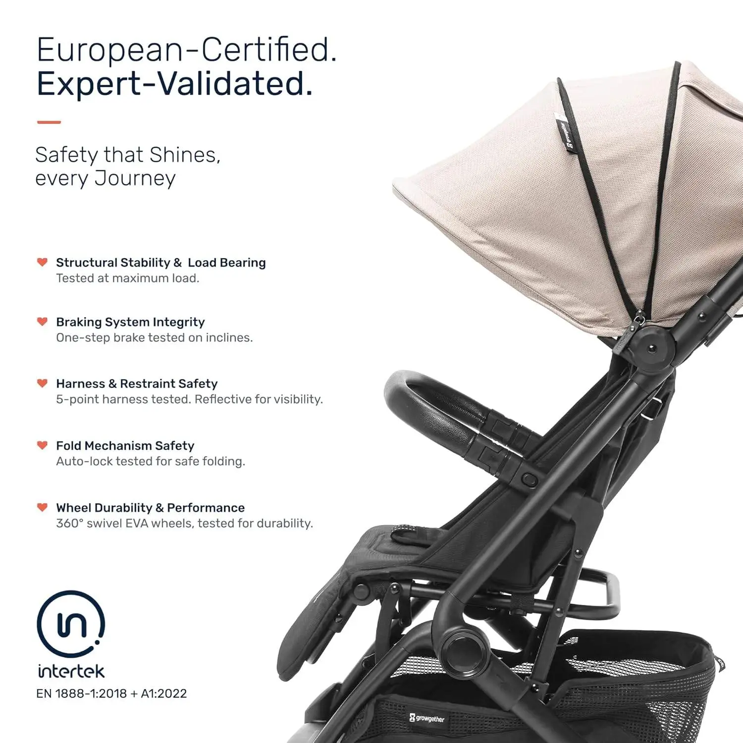Growgether GOLITE Travel Stroller | Cabin Compatible Lightweight Stroller for Baby & Toddler | 5 Point Safety Harness | Full Recline | 360° Swivel Shock Absorber Wheels | Compact Fold | Mosquito Net Included | 0-4 Years (Up to 22 kg) | 1 Year WARRANTY | Beige view 9