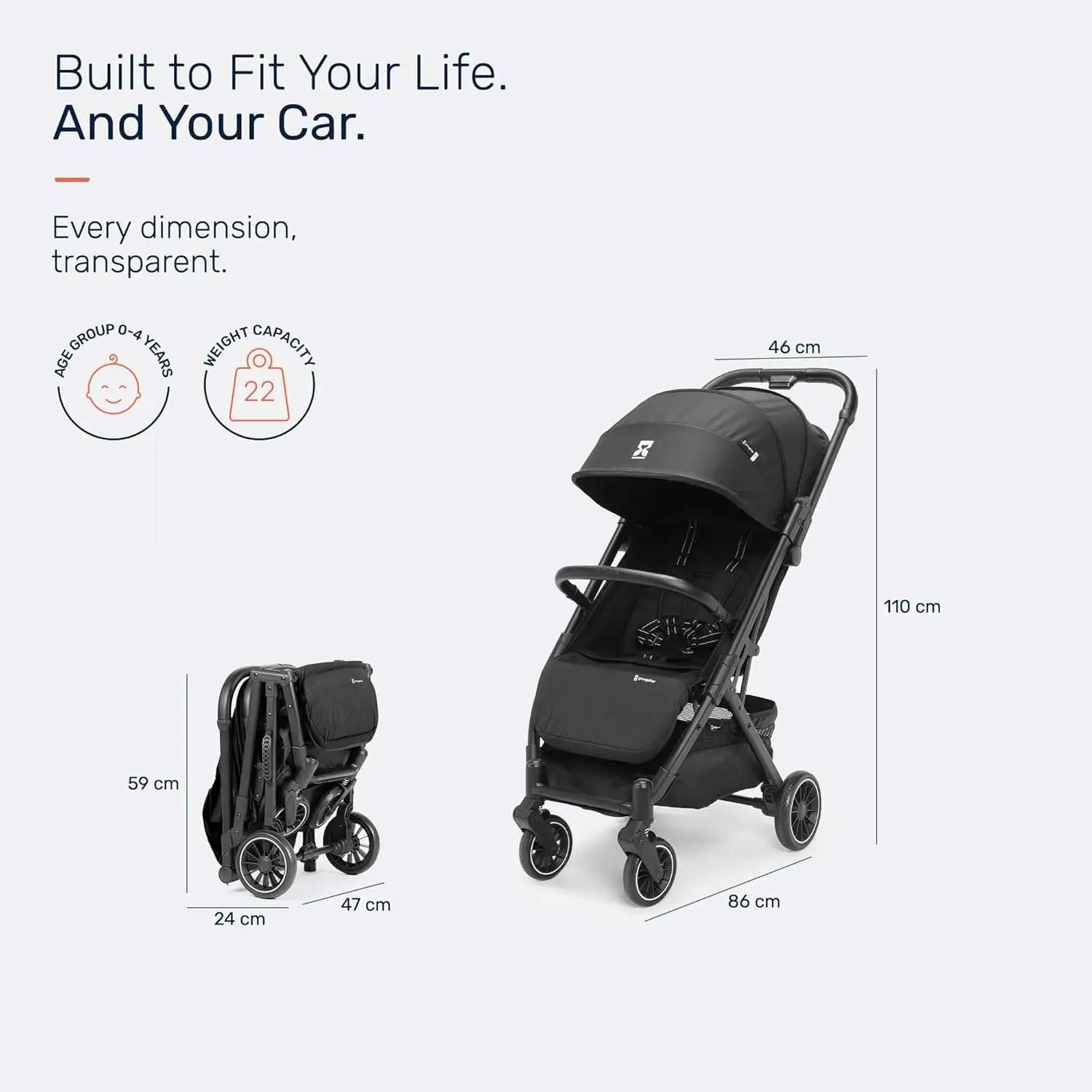 Growgether VELOX Travel Stroller | One-Hand Fold with Auto Lock | Lightweight Stroller for Baby & Toddler 0-4 Years (Up to 22 kg) | Full Recline | Mesh Ventilation | UV Canopy | Shoulder Strap | EN 1888 Certified | Mosquito Net Included | 1 Year WARRANTY | Black view 2