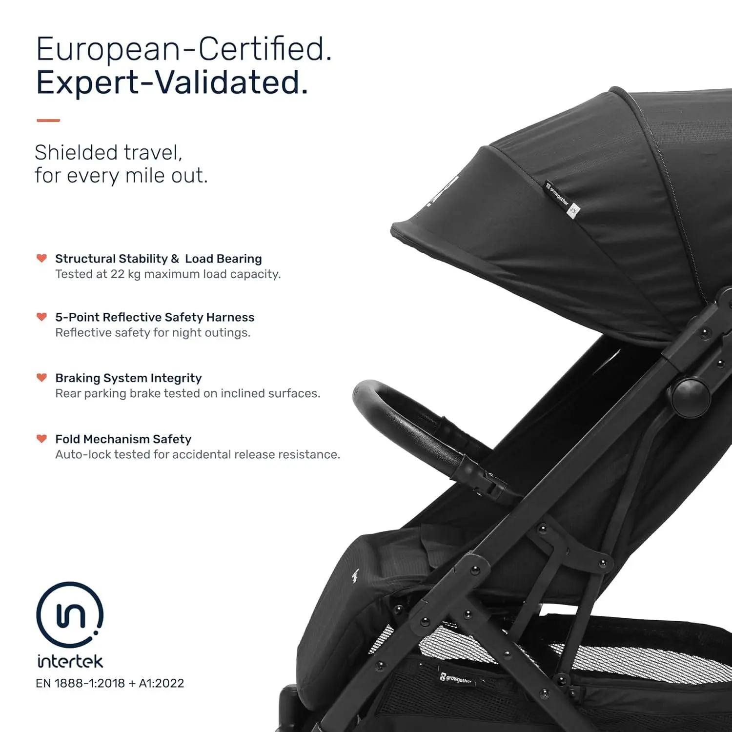 Growgether VELOX Travel Stroller | One-Hand Fold with Auto Lock | Lightweight Stroller for Baby & Toddler 0-4 Years (Up to 22 kg) | Full Recline | Mesh Ventilation | UV Canopy | Shoulder Strap | EN 1888 Certified | Mosquito Net Included | 1 Year WARRANTY | Black view 9