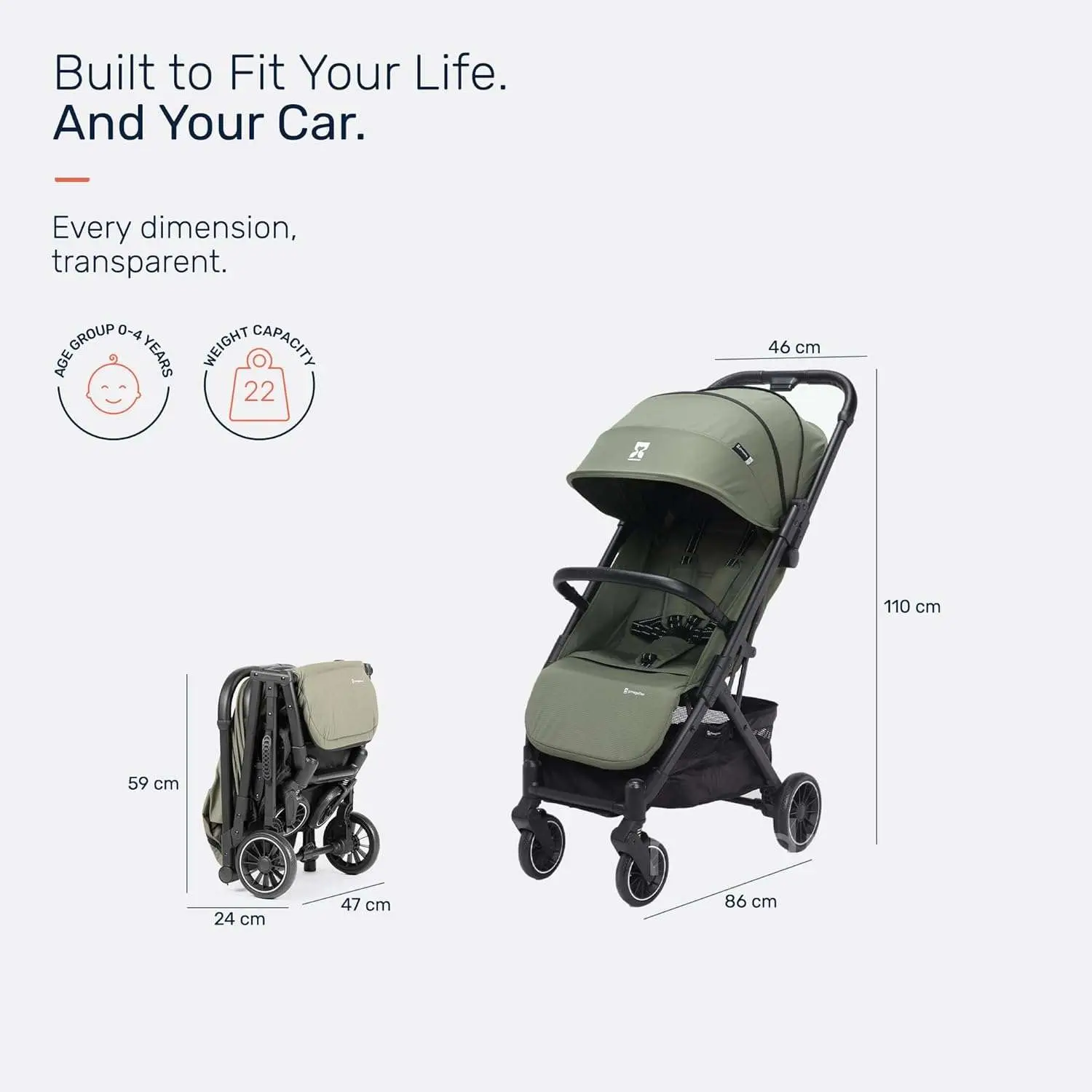Growgether VELOX Travel Stroller | One-Hand Fold with Auto Lock | Lightweight Stroller for Baby & Toddler 0-4 Years (Up to 22 kg) | Full Recline | Mesh Ventilation | UV Canopy | Shoulder Strap | EN 1888 Certified | Mosquito Net Included | 1 Year WARRANTY | Green view 2