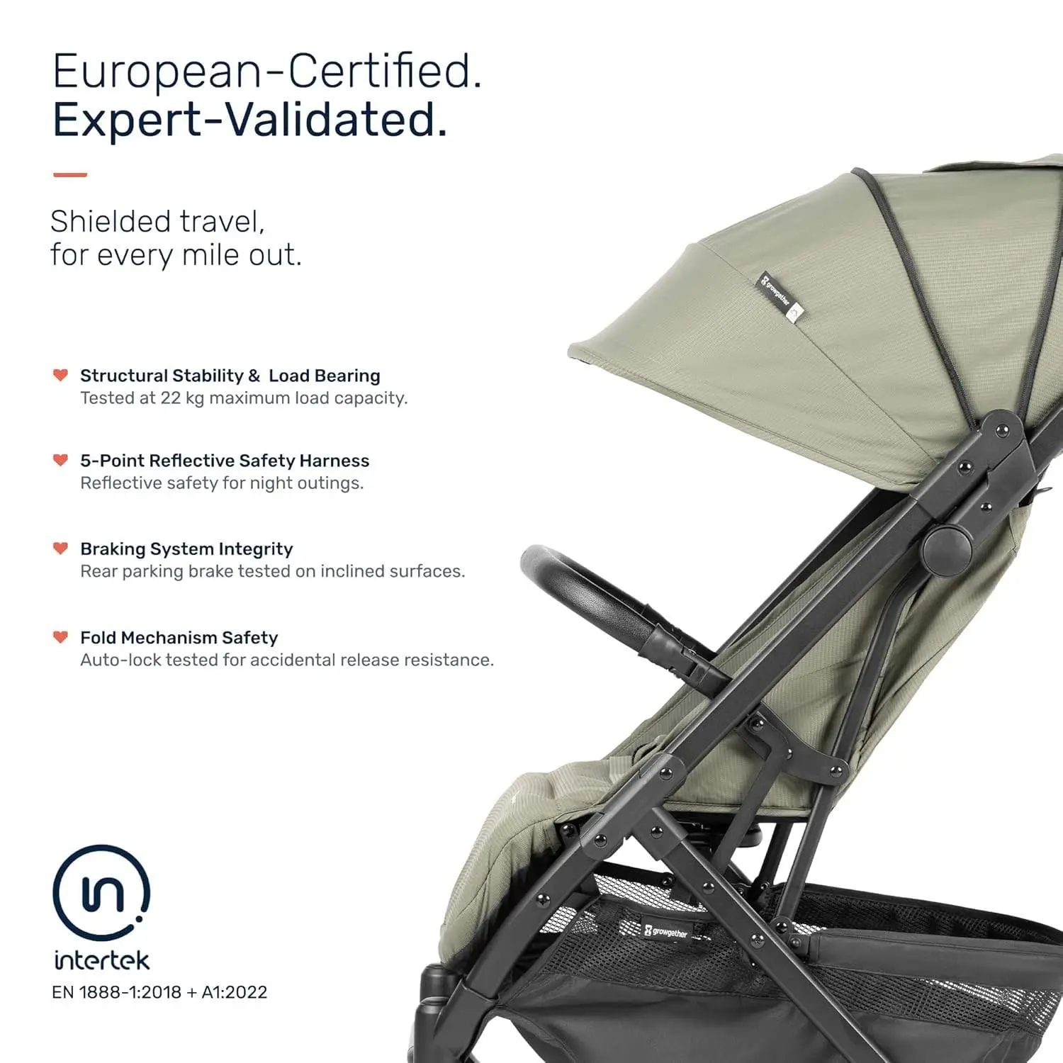 Growgether VELOX Travel Stroller | One-Hand Fold with Auto Lock | Lightweight Stroller for Baby & Toddler 0-4 Years (Up to 22 kg) | Full Recline | Mesh Ventilation | UV Canopy | Shoulder Strap | EN 1888 Certified | Mosquito Net Included | 1 Year WARRANTY | Green view 9