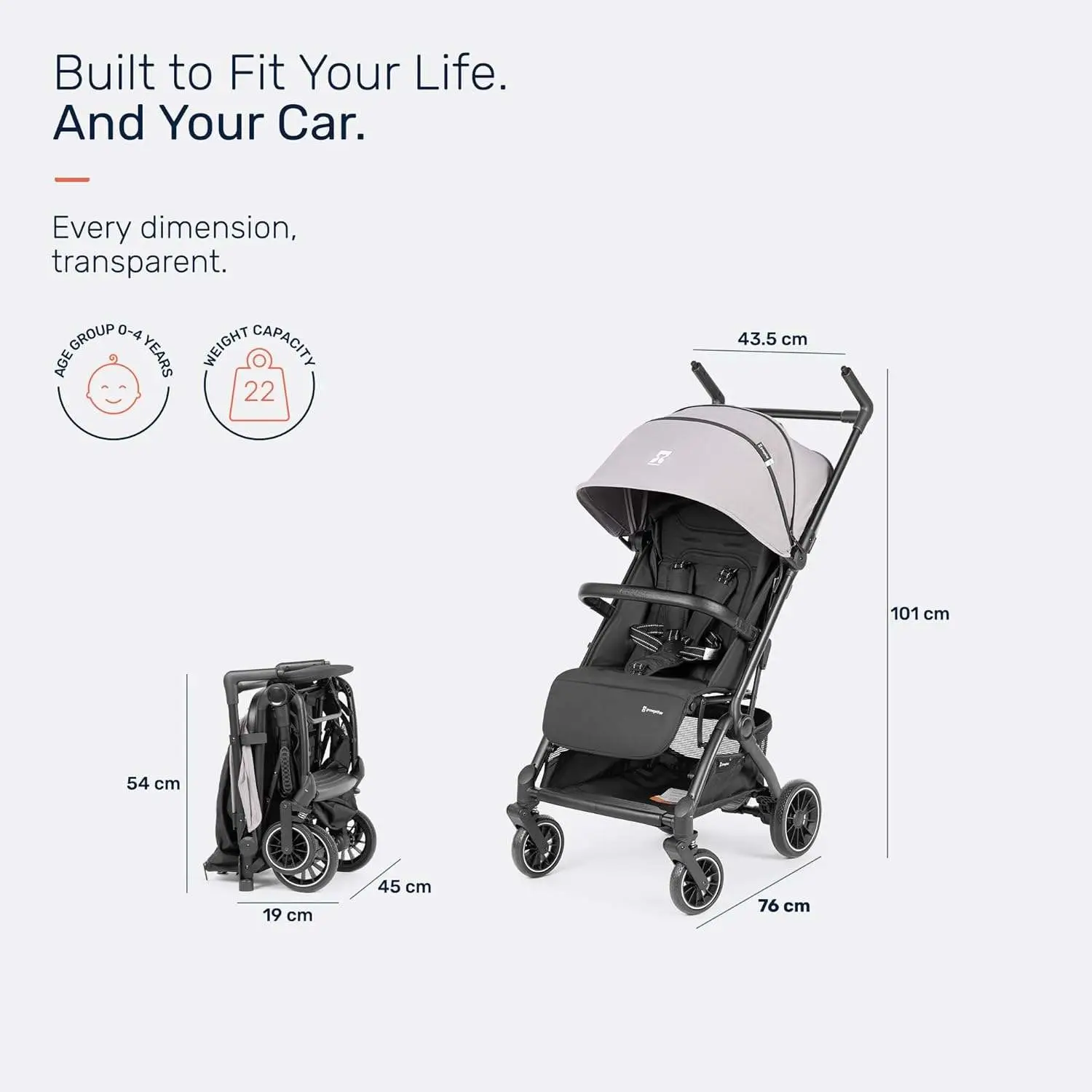 Growgether GOLITE Travel Stroller | Cabin Compatible Lightweight Stroller for Baby & Toddler | 5 Point Safety Harness | Full Recline | 360° Swivel Shock Absorber Wheels | Compact Fold | Mosquito Net Included | 0-4 Years (Up to 22 kg) | 1 Year WARRANTY | Grey view 2
