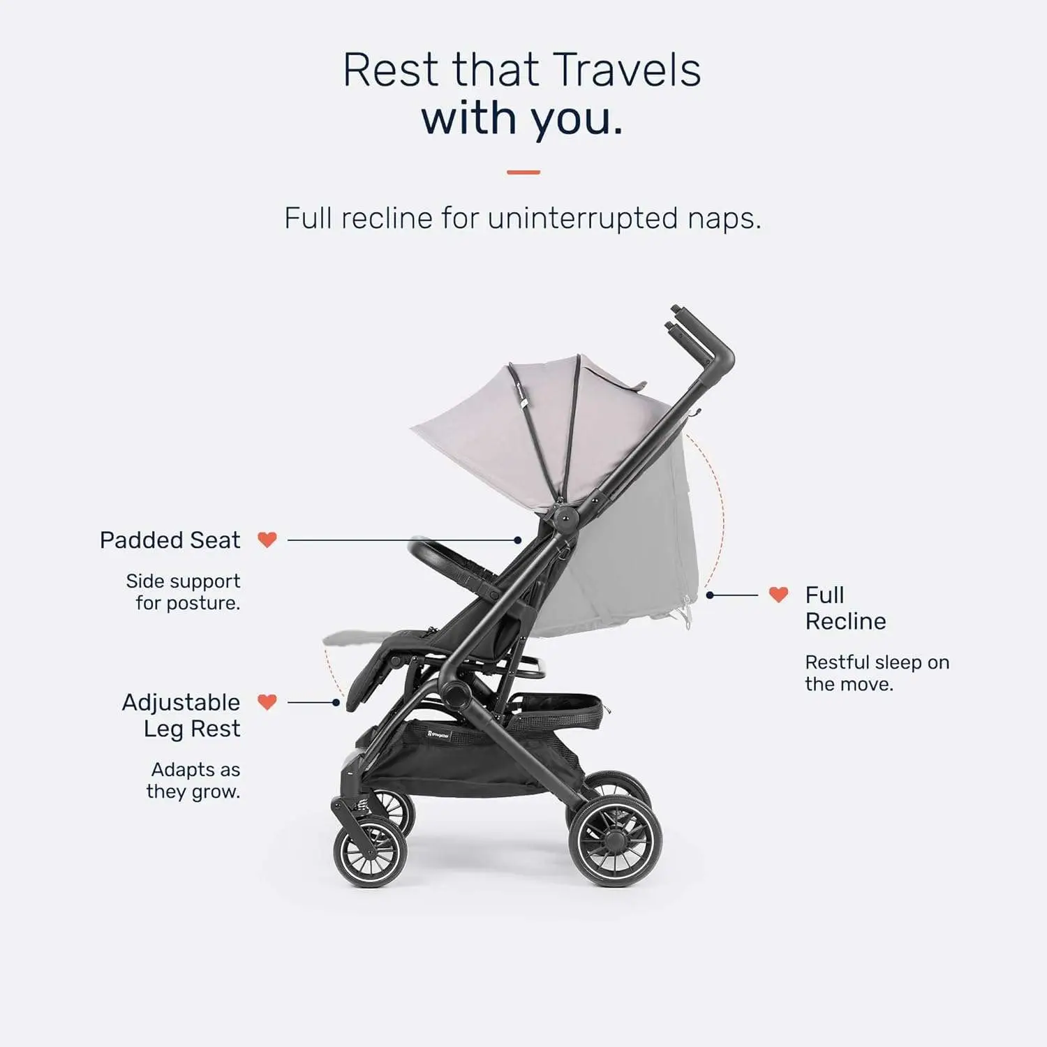 Growgether GOLITE Travel Stroller | Cabin Compatible Lightweight Stroller for Baby & Toddler | 5 Point Safety Harness | Full Recline | 360° Swivel Shock Absorber Wheels | Compact Fold | Mosquito Net Included | 0-4 Years (Up to 22 kg) | 1 Year WARRANTY | Grey view 4