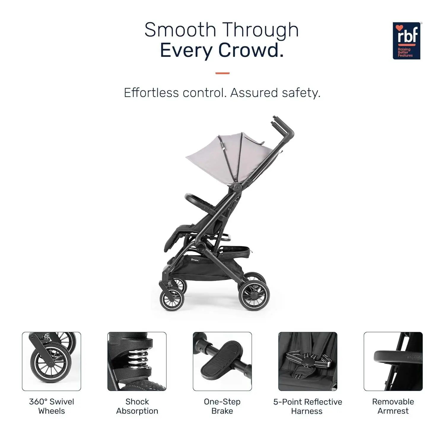 Growgether GOLITE Travel Stroller | Cabin Compatible Lightweight Stroller for Baby & Toddler | 5 Point Safety Harness | Full Recline | 360° Swivel Shock Absorber Wheels | Compact Fold | Mosquito Net Included | 0-4 Years (Up to 22 kg) | 1 Year WARRANTY | Grey view 5