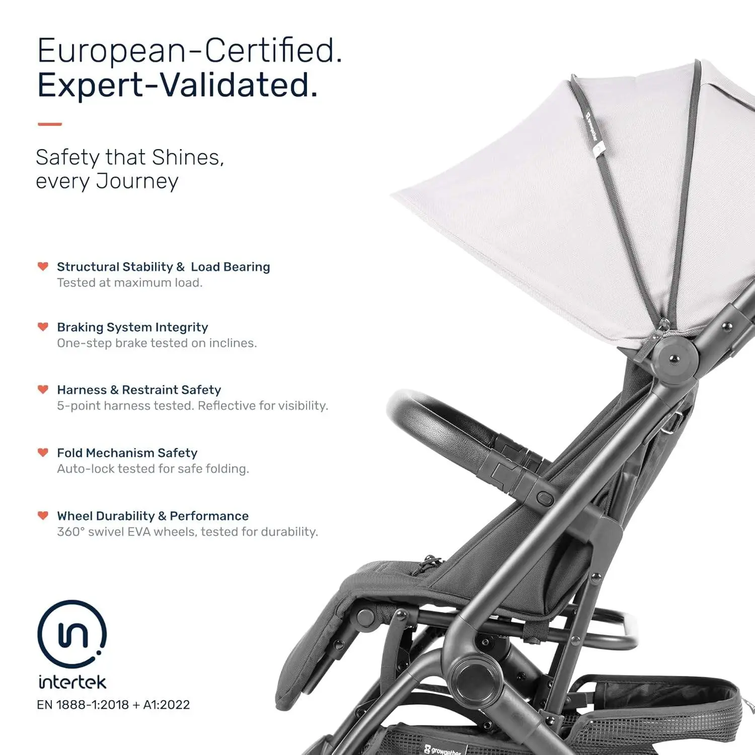 Growgether GOLITE Travel Stroller | Cabin Compatible Lightweight Stroller for Baby & Toddler | 5 Point Safety Harness | Full Recline | 360° Swivel Shock Absorber Wheels | Compact Fold | Mosquito Net Included | 0-4 Years (Up to 22 kg) | 1 Year WARRANTY | Grey view 9