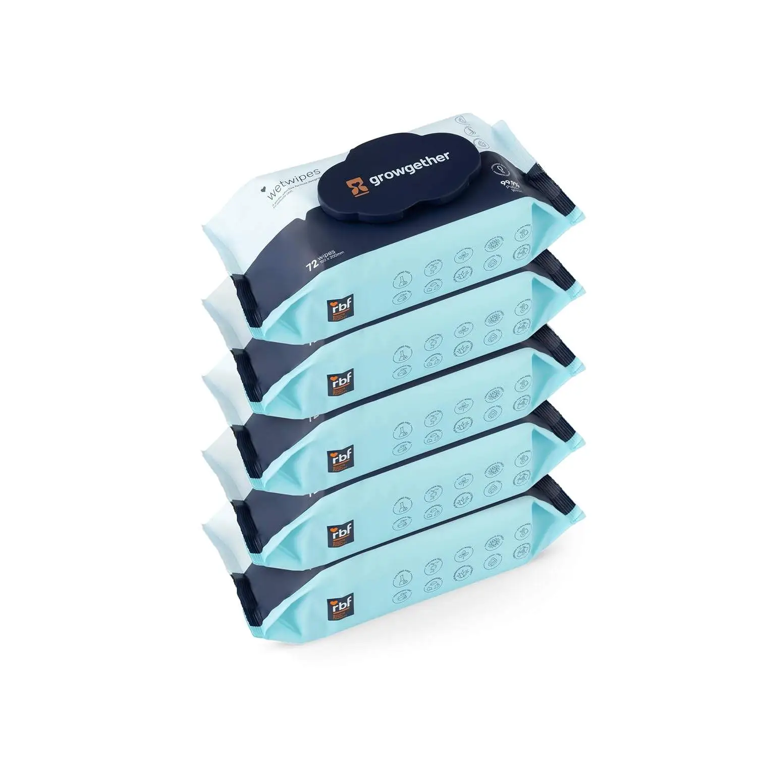 Growgether Baby Wet Wipes | 72 Wipes (Pack of 5) | 99.9% Pure RO Water Based & Dermatologically Tested | Alcohol & Plastic Free