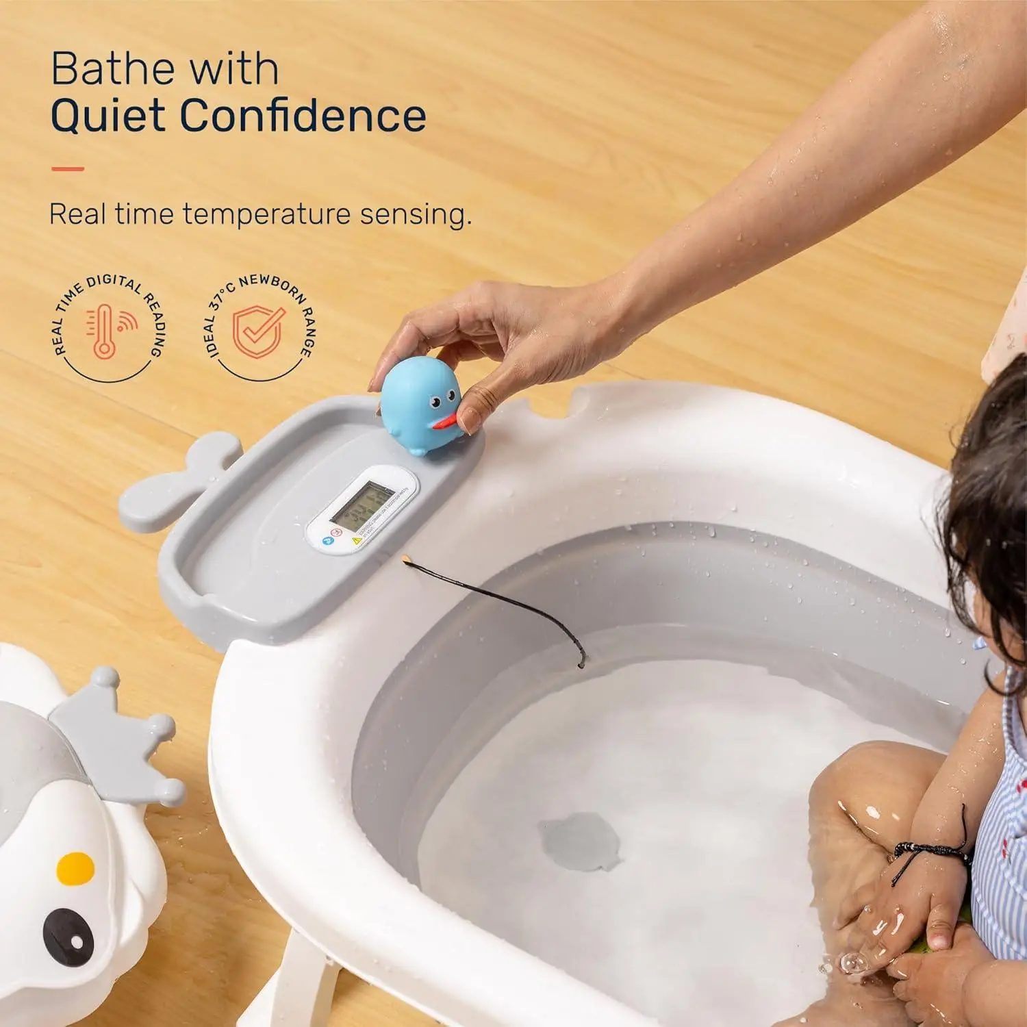Growgether 4-in-1 Foldable Baby Bath Tub Set with Ergonomic Spinal Support | 0-36 Months (Up to 20kg) | Built-in Smart Temperature Sensor & Anti-Skid Base | Includes Bather, Bucket, Cap & Mug | 6 Months Warranty view 2