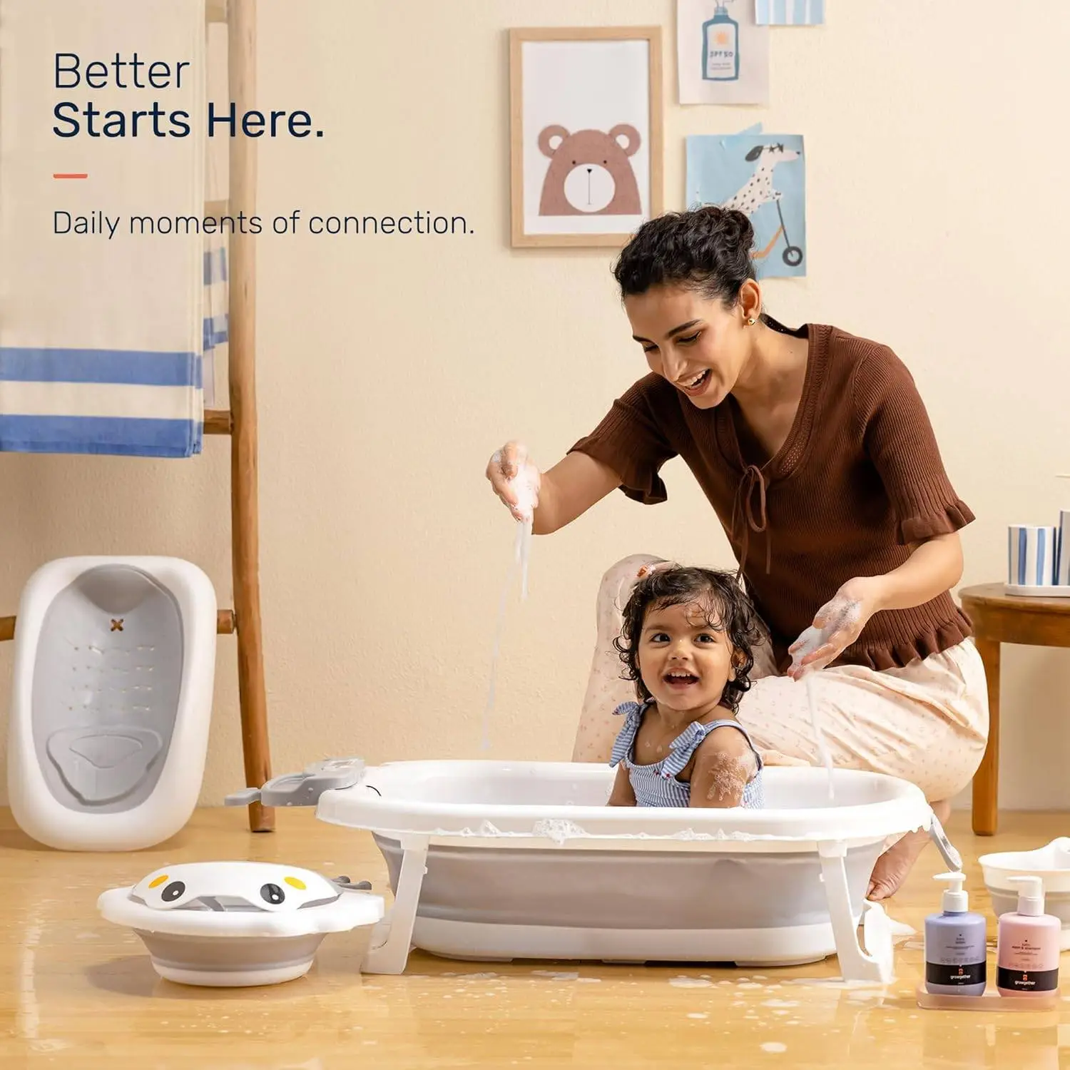 Growgether 4-in-1 Foldable Baby Bath Tub Set with Ergonomic Spinal Support | 0-36 Months (Up to 20kg) | Built-in Smart Temperature Sensor & Anti-Skid Base | Includes Bather, Bucket, Cap & Mug | 6 Months Warranty view 8