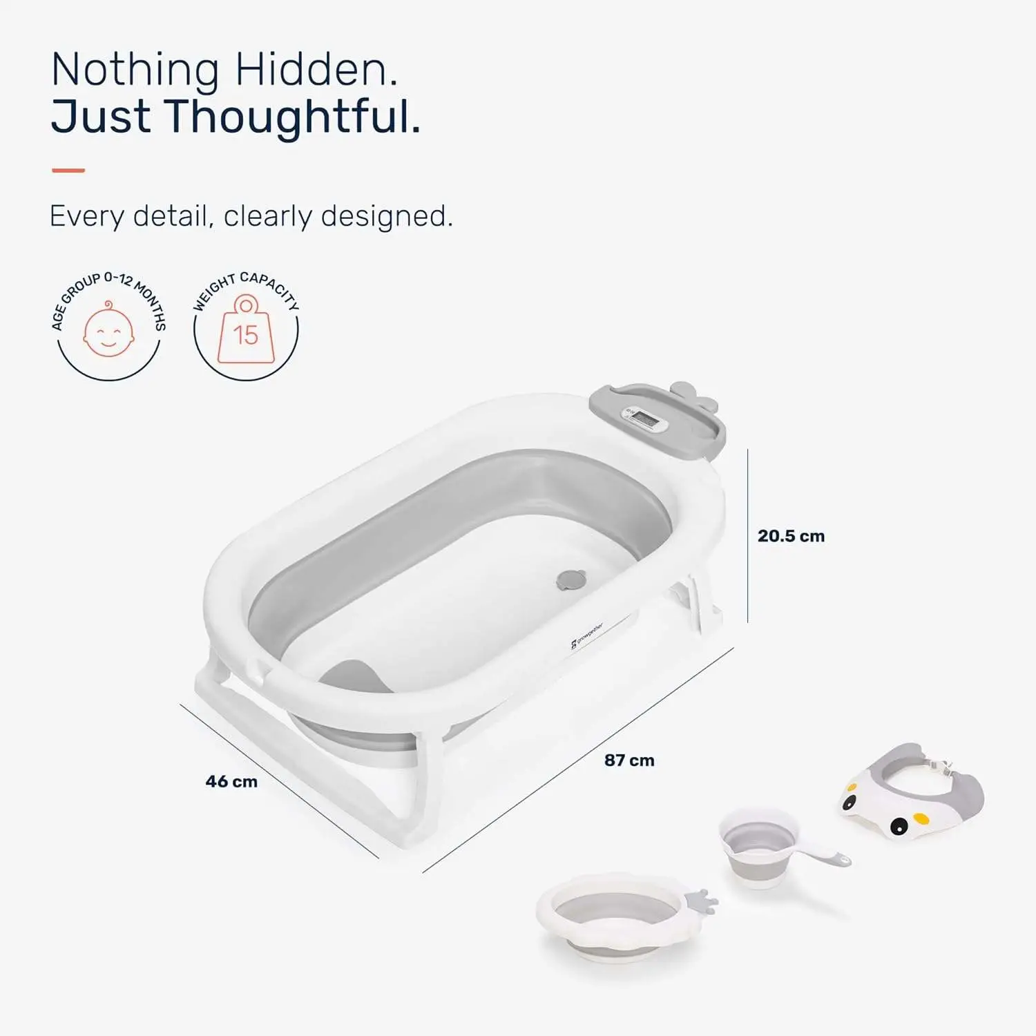 Growgether 4-in-1 Foldable Baby Bath Tub Set with Ergonomic Spinal Support | 0-36 Months (Up to 20kg) | Built-in Smart Temperature Sensor & Anti-Skid Base | Includes Bather, Bucket, Cap & Mug | 6 Months Warranty view 9