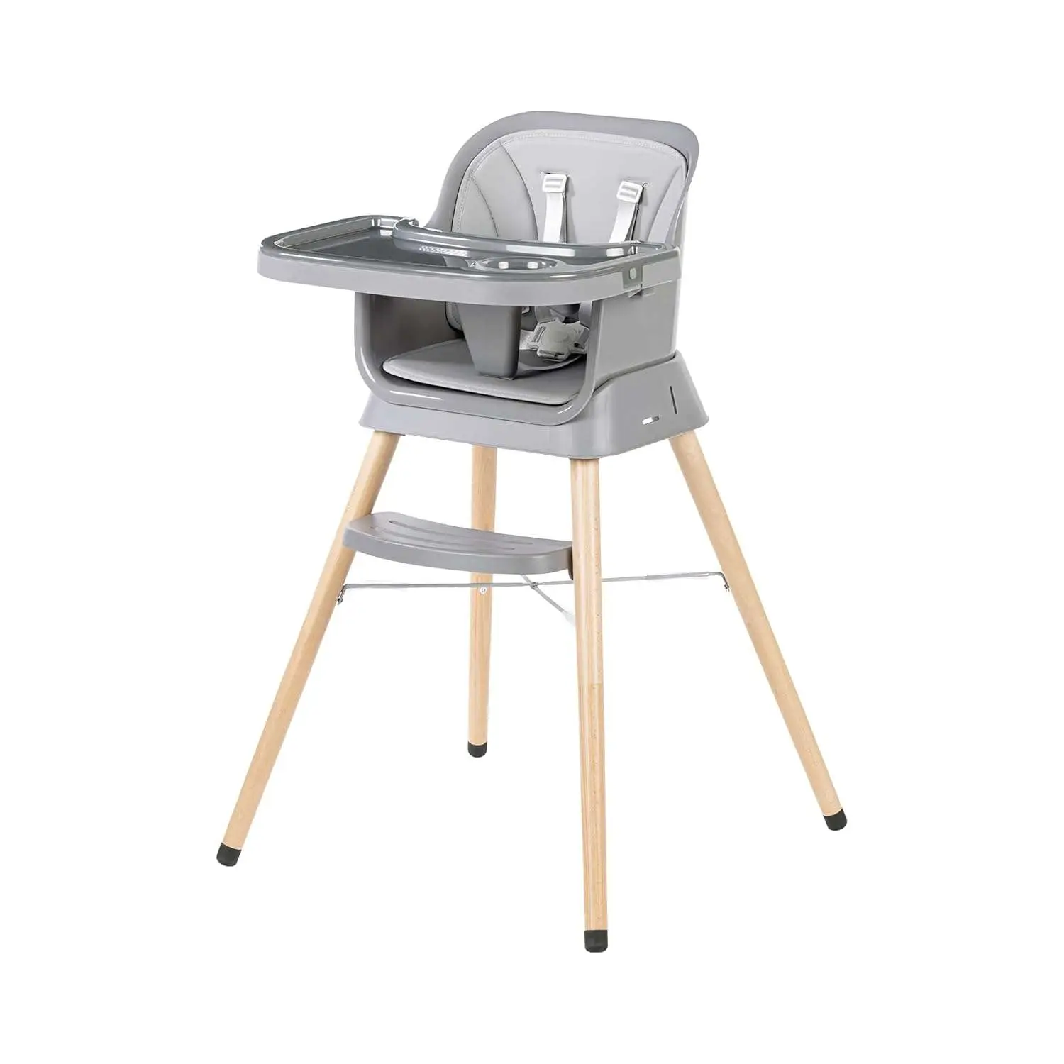 Growgether ORBIT 4-in-1 Baby High Chair with Solid Beechwood Legs | TÜV SÜD Certified Convertible Wooden Feeding Chair, Booster Seat & Toddler Stool (6-36M) | 5-Point Safety Harness, Dual-Layer PP Tray & Removable PU Cushion | 1 Year Warranty | Grey