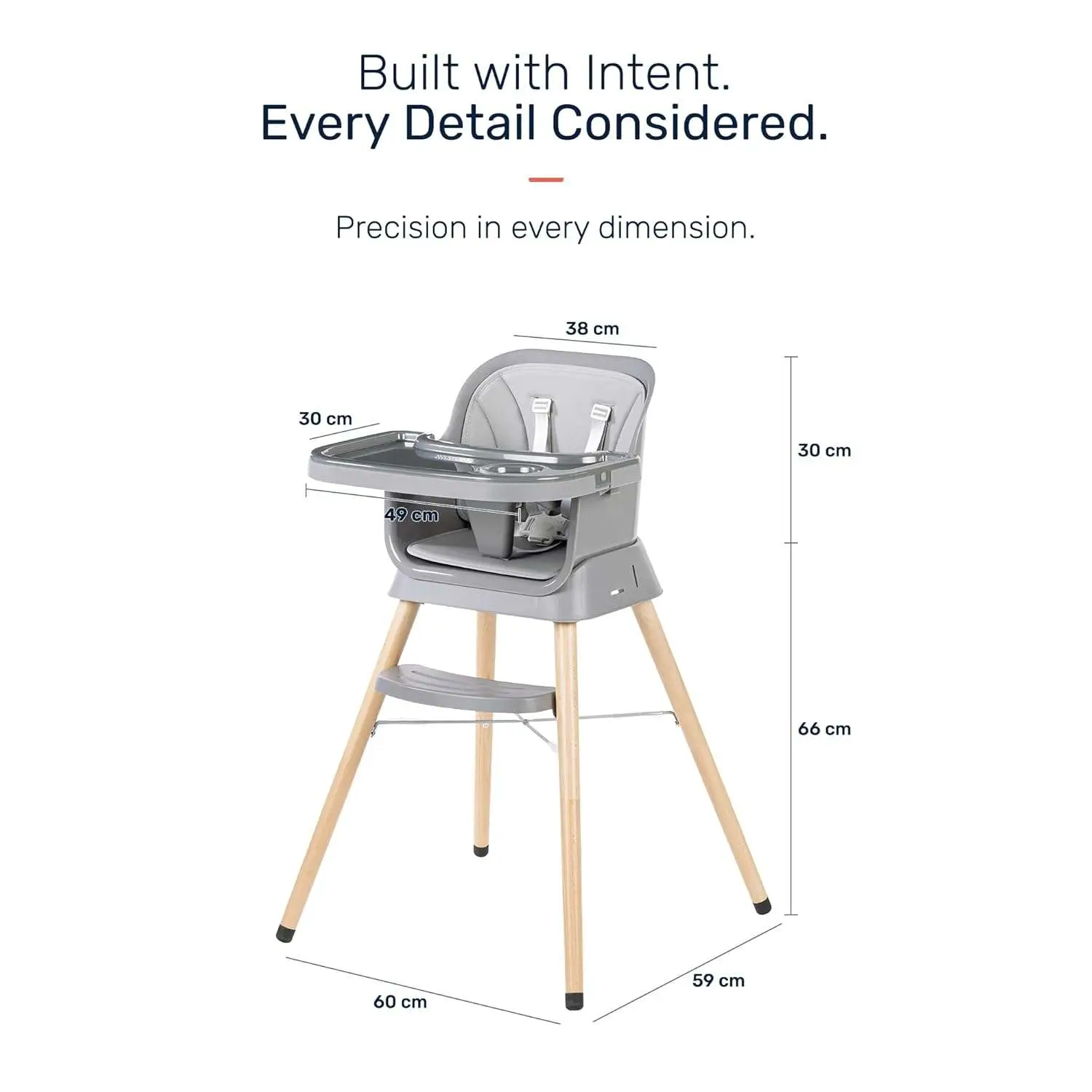 Growgether ORBIT 4-in-1 Baby High Chair with Solid Beechwood Legs | TÜV SÜD Certified Convertible Wooden Feeding Chair, Booster Seat & Toddler Stool (6-36M) | 5-Point Safety Harness, Dual-Layer PP Tray & Removable PU Cushion | 1 Year Warranty | Grey view 3