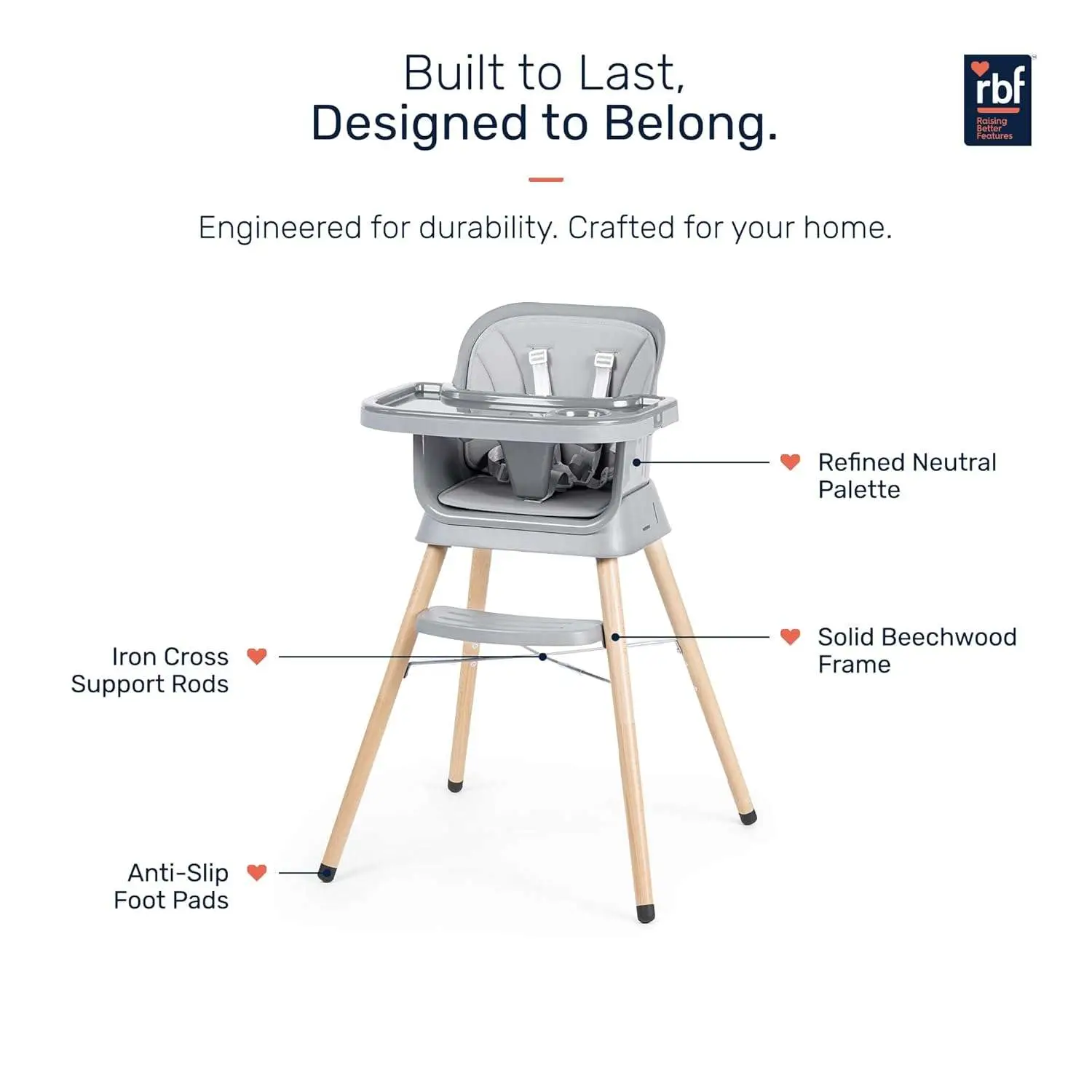 Growgether ORBIT 4-in-1 Baby High Chair with Solid Beechwood Legs | TÜV SÜD Certified Convertible Wooden Feeding Chair, Booster Seat & Toddler Stool (6-36M) | 5-Point Safety Harness, Dual-Layer PP Tray & Removable PU Cushion | 1 Year Warranty | Grey view 5