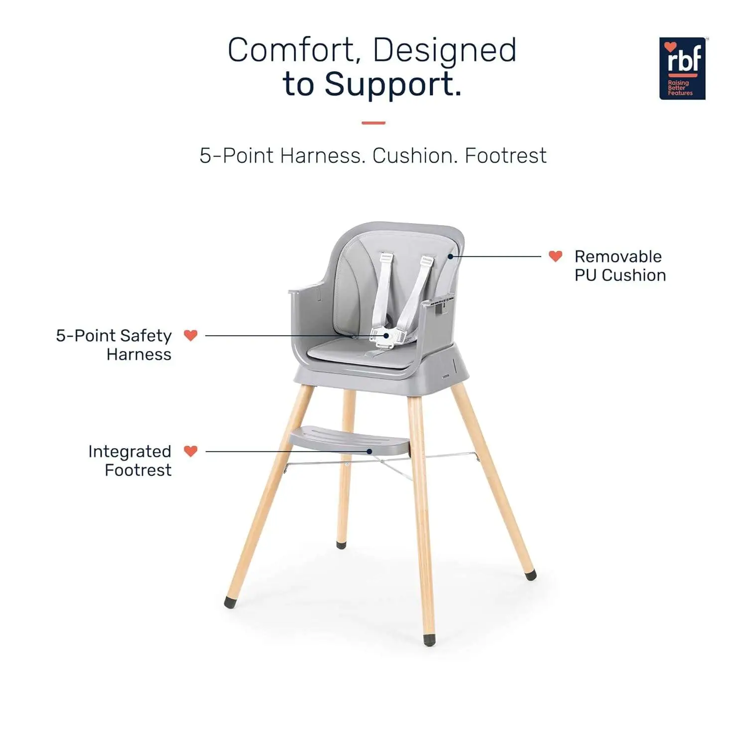 Growgether ORBIT 4-in-1 Baby High Chair with Solid Beechwood Legs | TÜV SÜD Certified Convertible Wooden Feeding Chair, Booster Seat & Toddler Stool (6-36M) | 5-Point Safety Harness, Dual-Layer PP Tray & Removable PU Cushion | 1 Year Warranty | Grey view 7